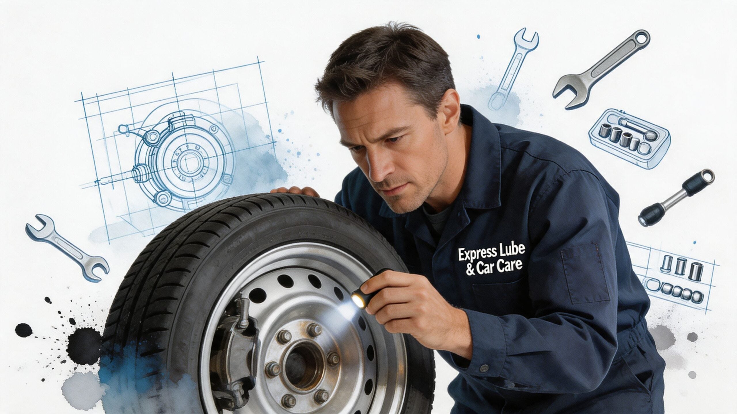 A professional mechanic in a dark blue uniform inspects a car wheel with a flashlight.