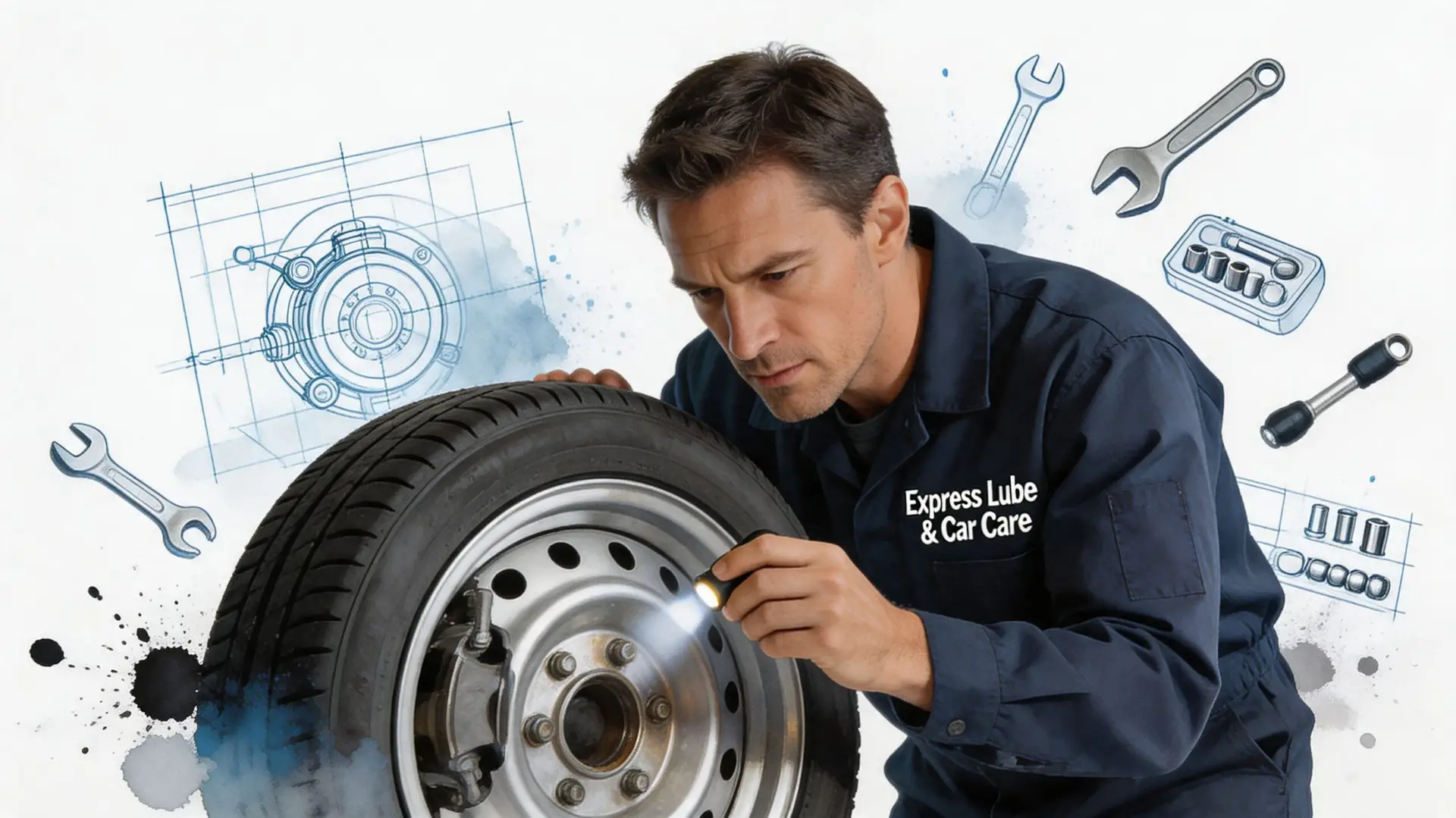 A professional mechanic in a dark blue uniform inspects a car wheel with a flashlight.
