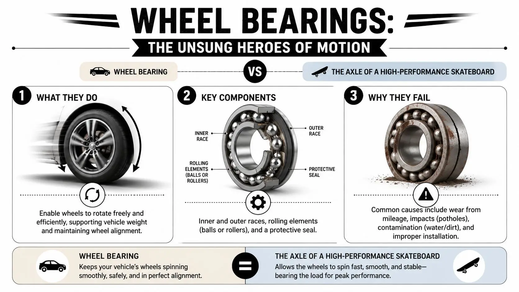 An infographic titled Wheel Bearings explaining their function, components, and common causes of failure.