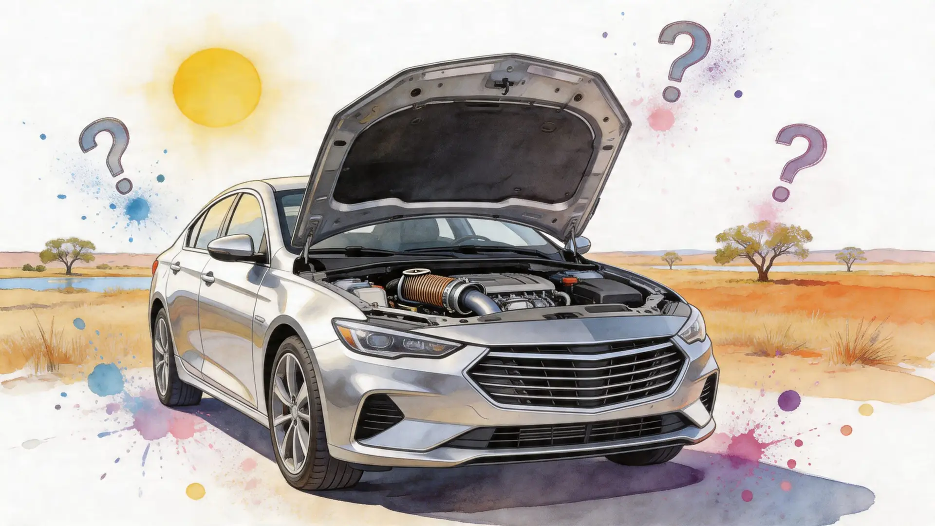 A silver car with its hood open, highlighting a performance cold air intake in the engine bay.