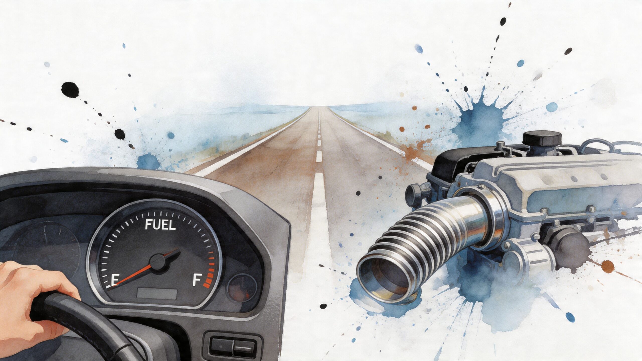 A conceptual illustration showing a car steering wheel with a fuel gauge and a cold air intake.