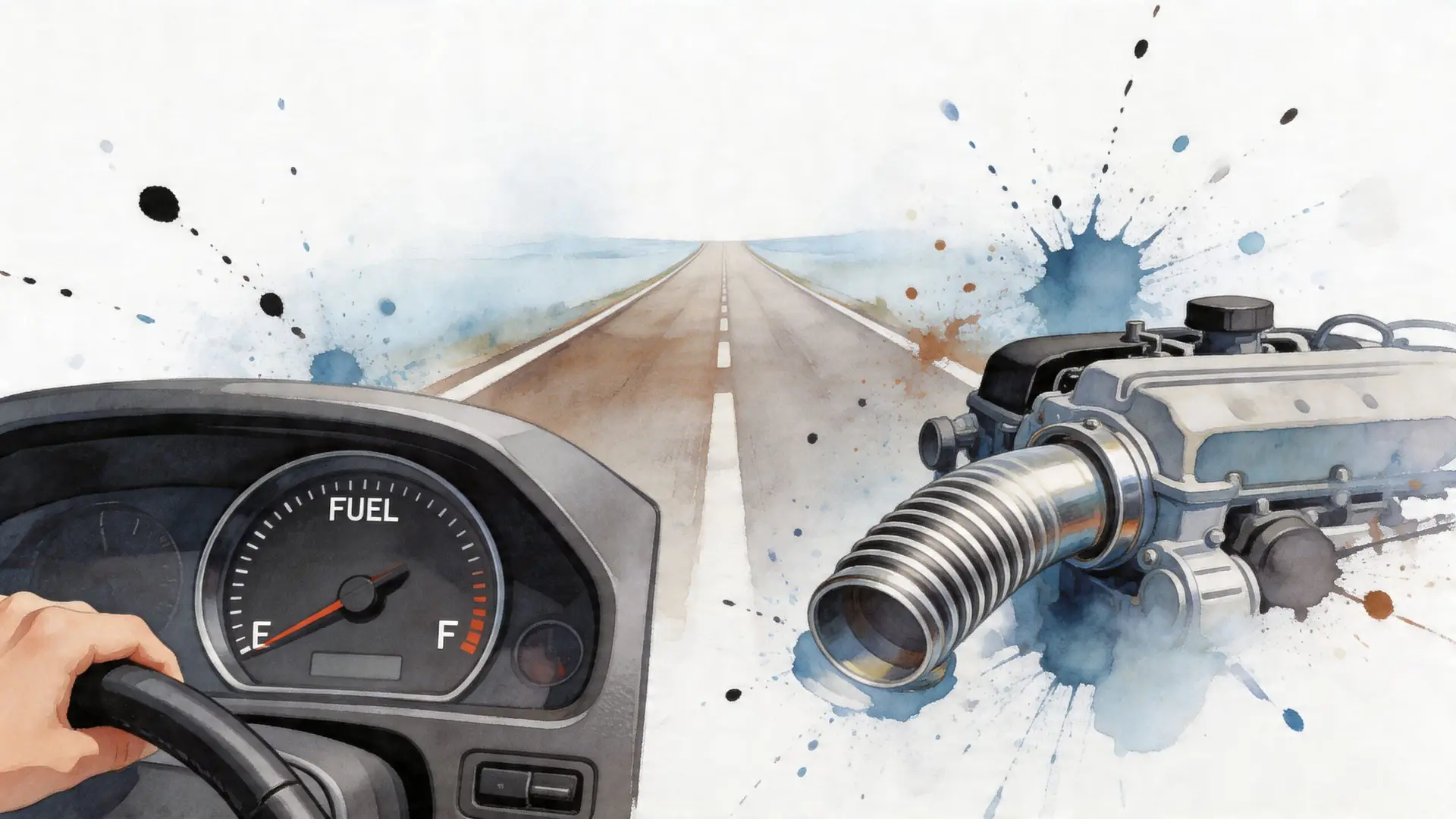 A conceptual illustration showing a car steering wheel with a fuel gauge and a cold air intake.