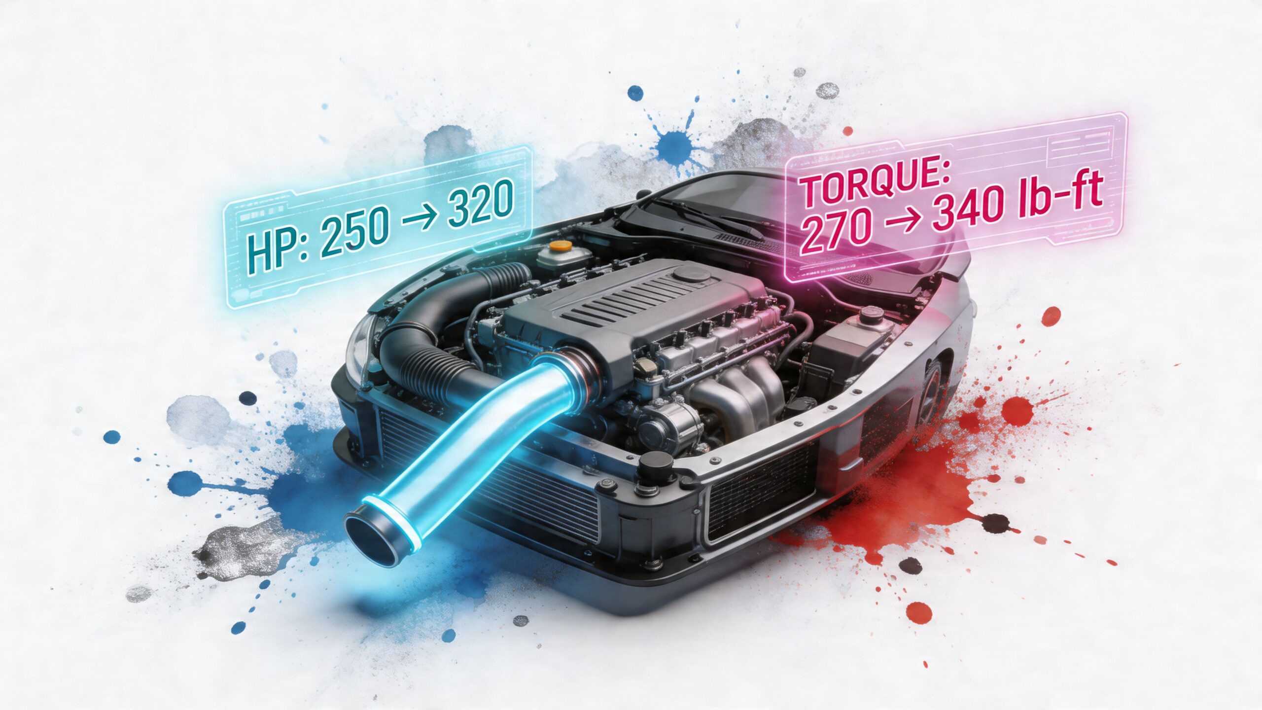 An engine bay illustration showing performance gains in horsepower and torque after installing a cold air intake.