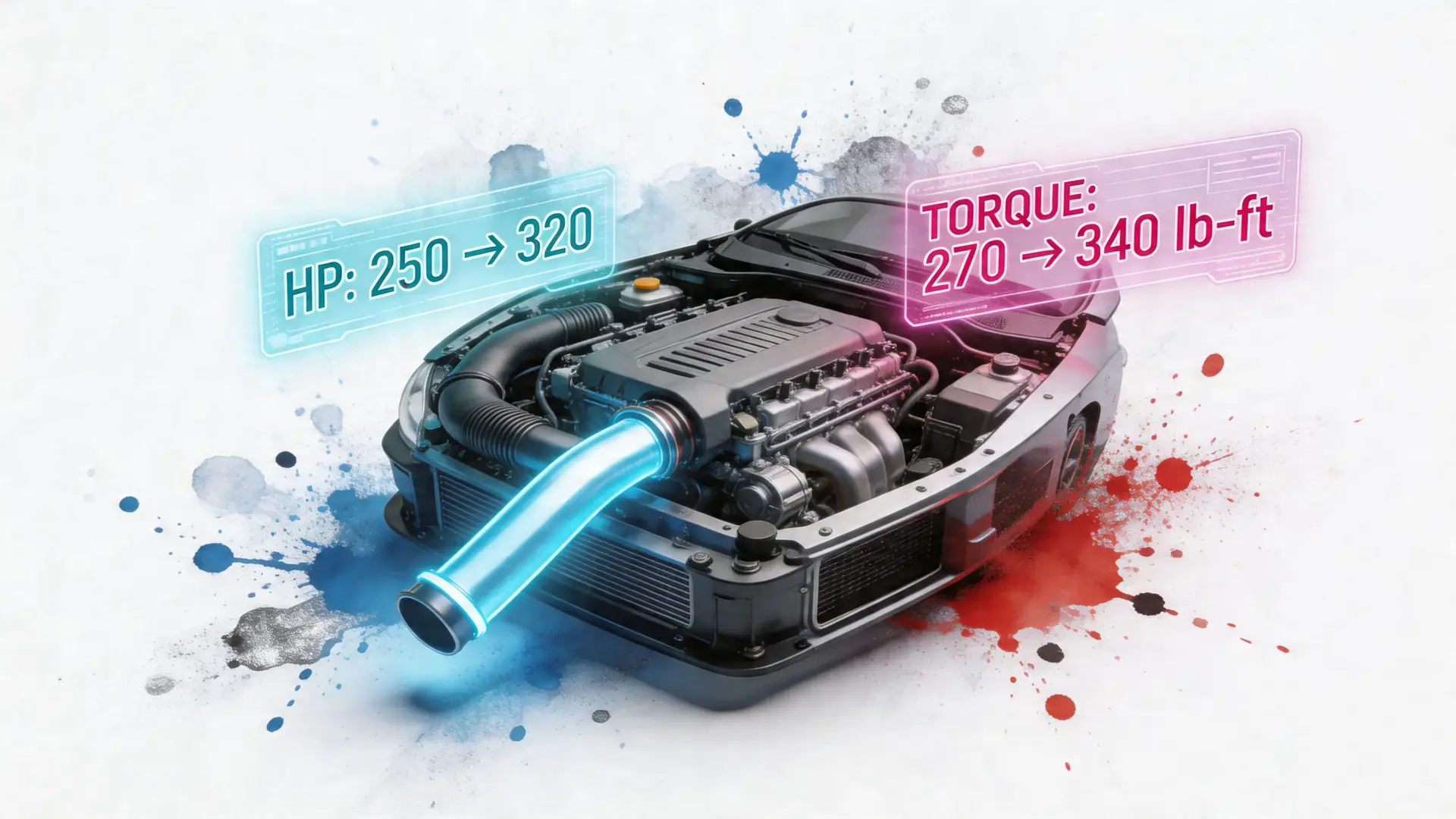 An engine bay illustration showing performance gains in horsepower and torque after installing a cold air intake.