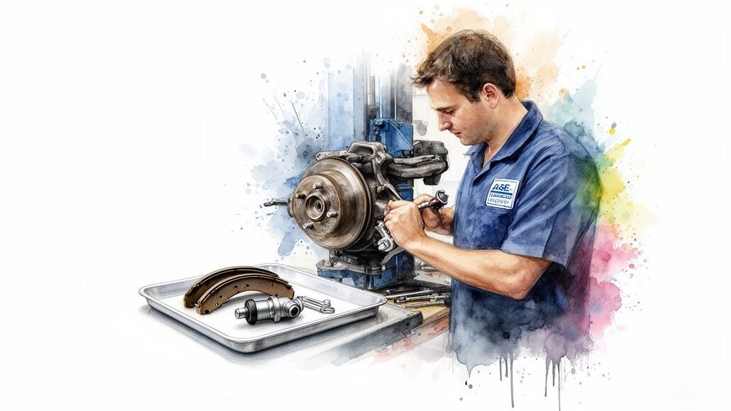 A mechanic in a blue uniform uses tools to work on a car's wheel brake system.