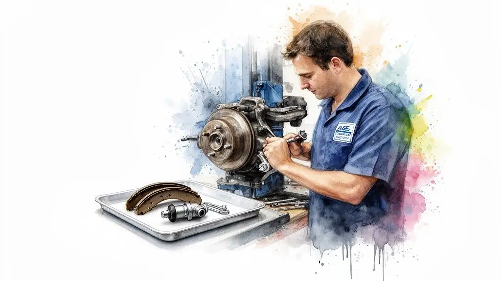 A mechanic in a blue uniform uses tools to work on a car's wheel brake system.