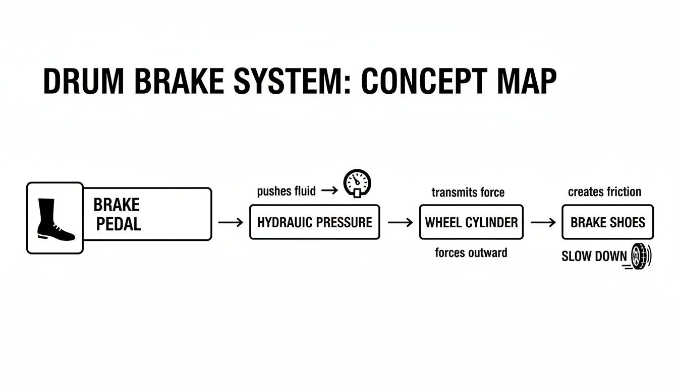 A concept map diagramming the drum brake system from pedal to slowing the wheel.