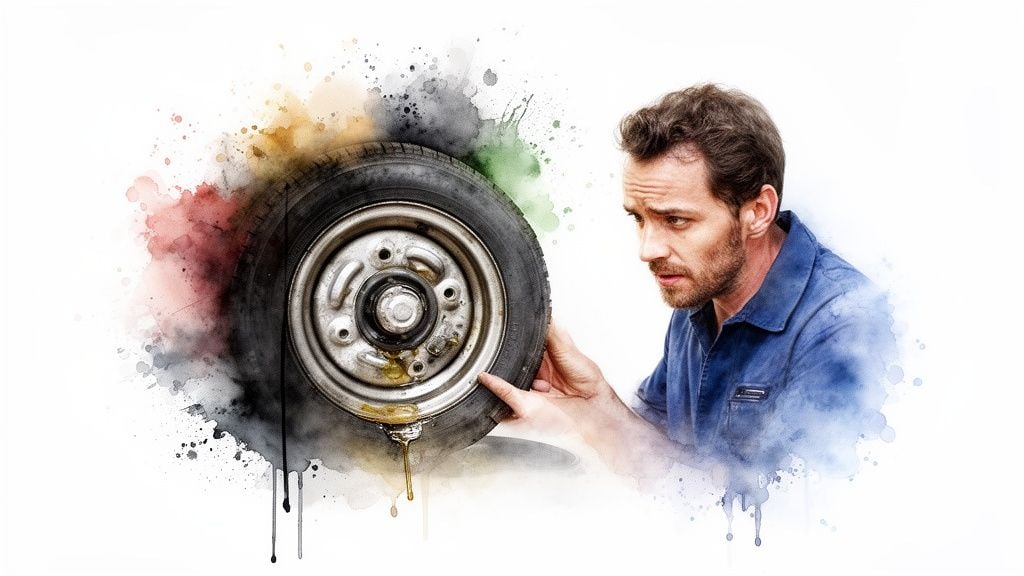 A man in a blue shirt looks intently at a car wheel leaking fluid, surrounded by watercolor splashes.