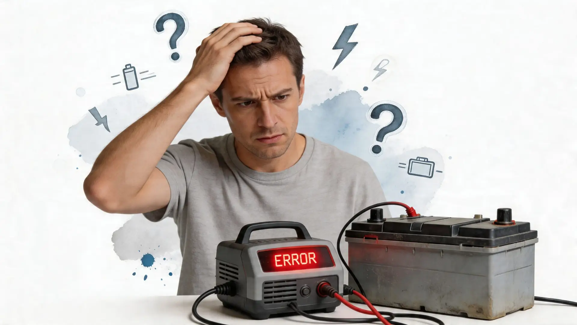 A confused man looking at a car battery charger showing an error message on a white background.