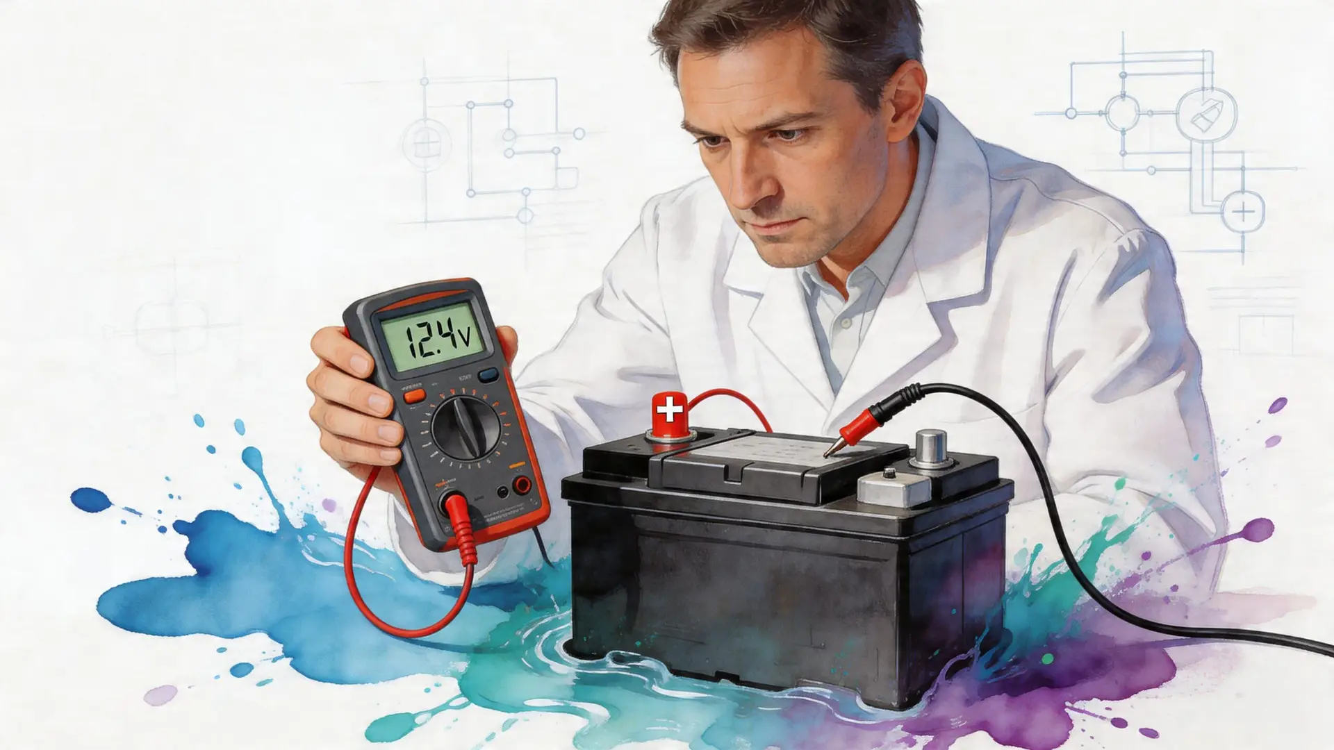 A technician wearing a lab coat measures the voltage of a car battery using a digital multimeter.