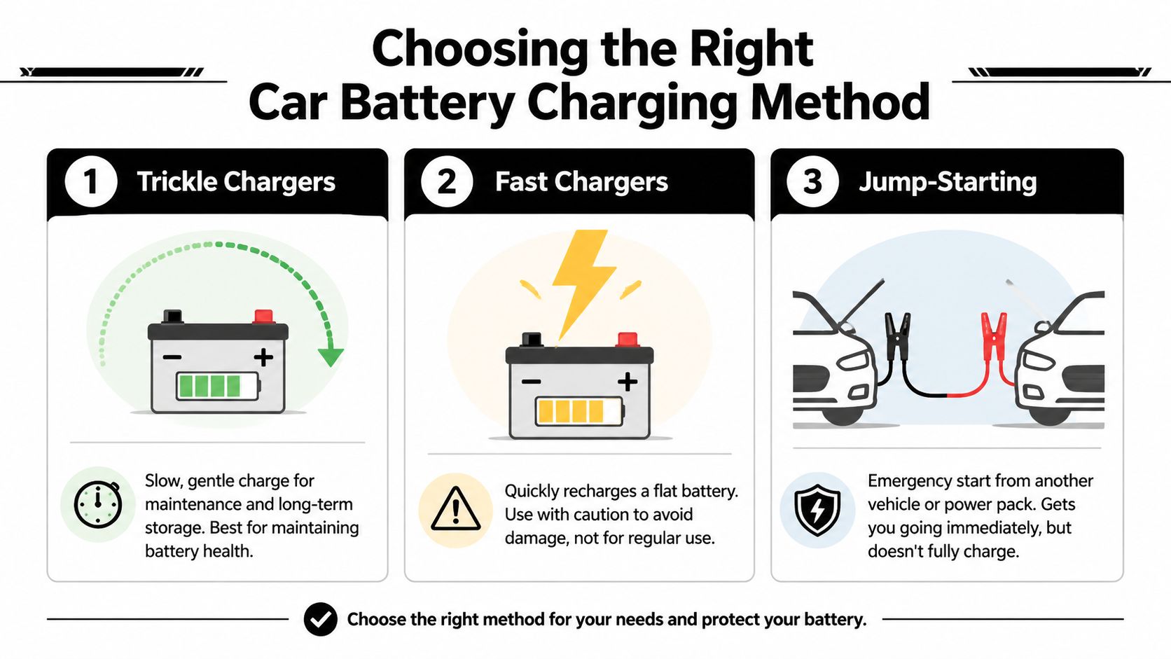 An infographic showing three ways to charge a car battery: trickle chargers, fast chargers, and jump-starting.