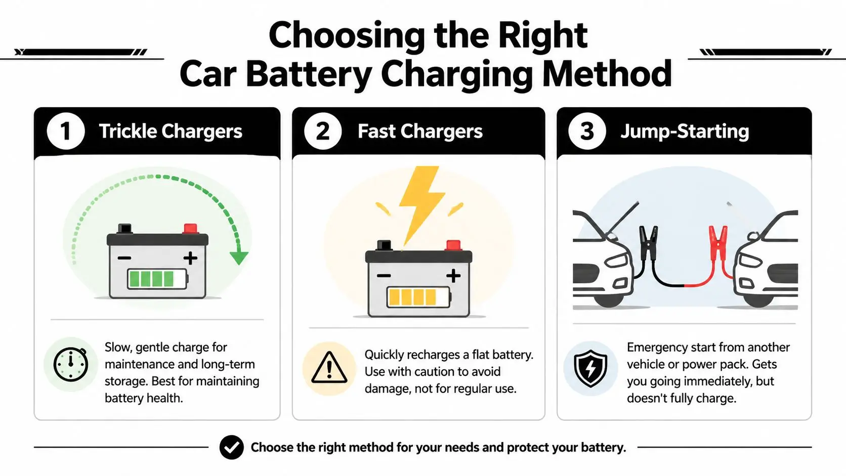 An infographic showing three ways to charge a car battery: trickle chargers, fast chargers, and jump-starting.