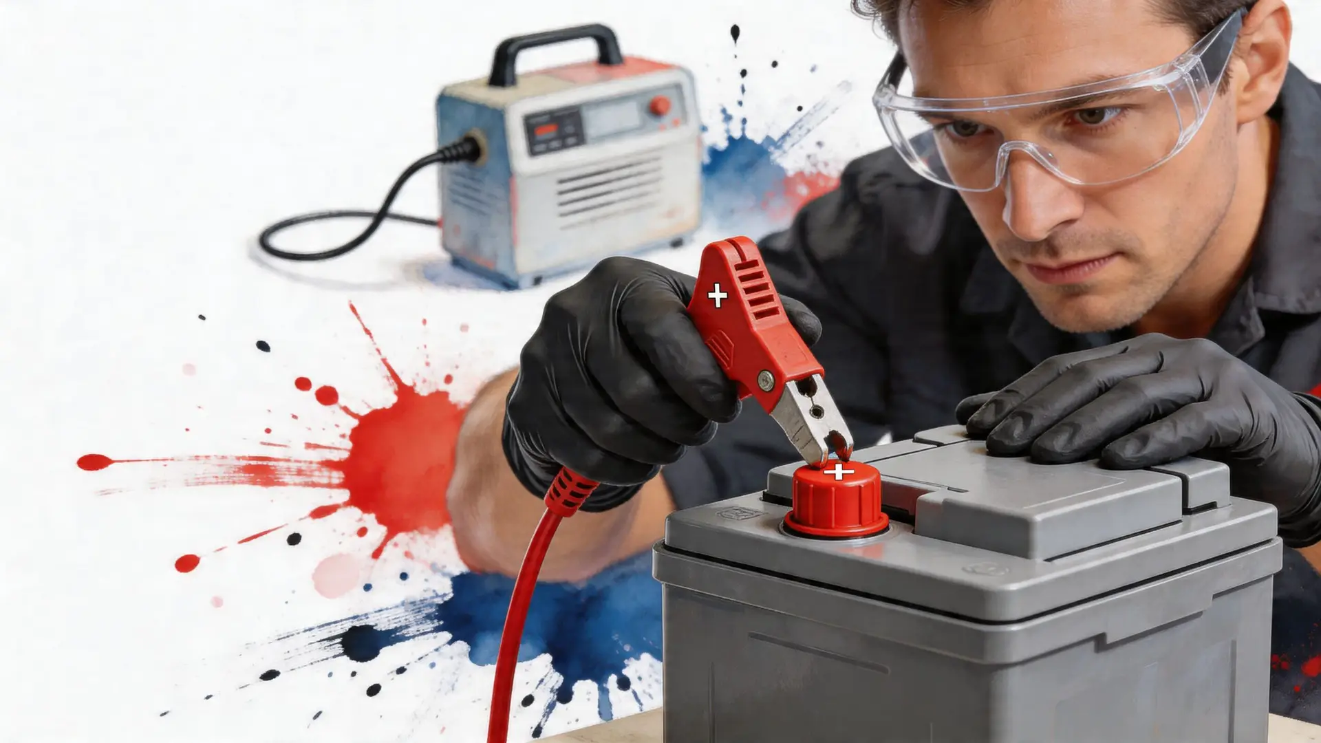 A professional mechanic wearing protective eyewear attaches a red charging clamp to a car battery terminal.