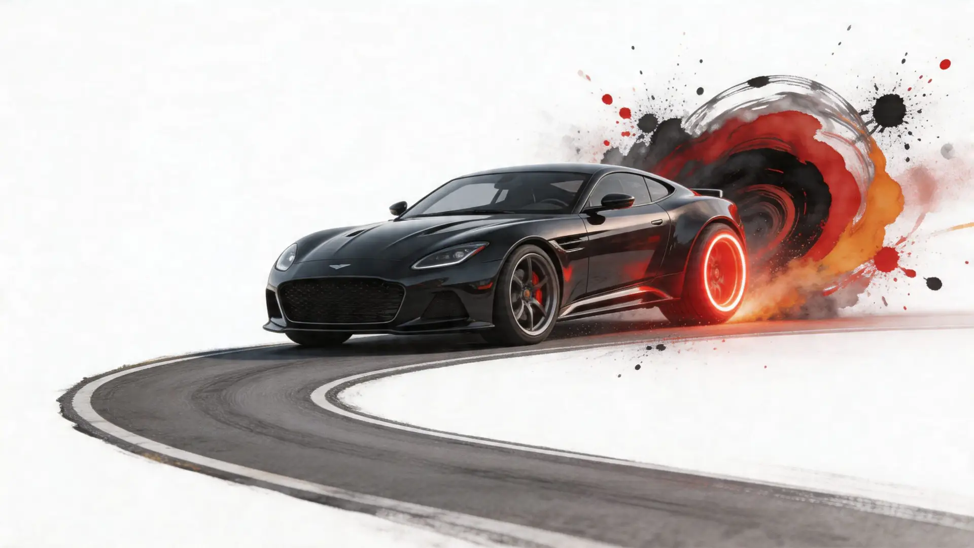A black sports car drifting on a curved road with stylized red and black paint splatter effects.