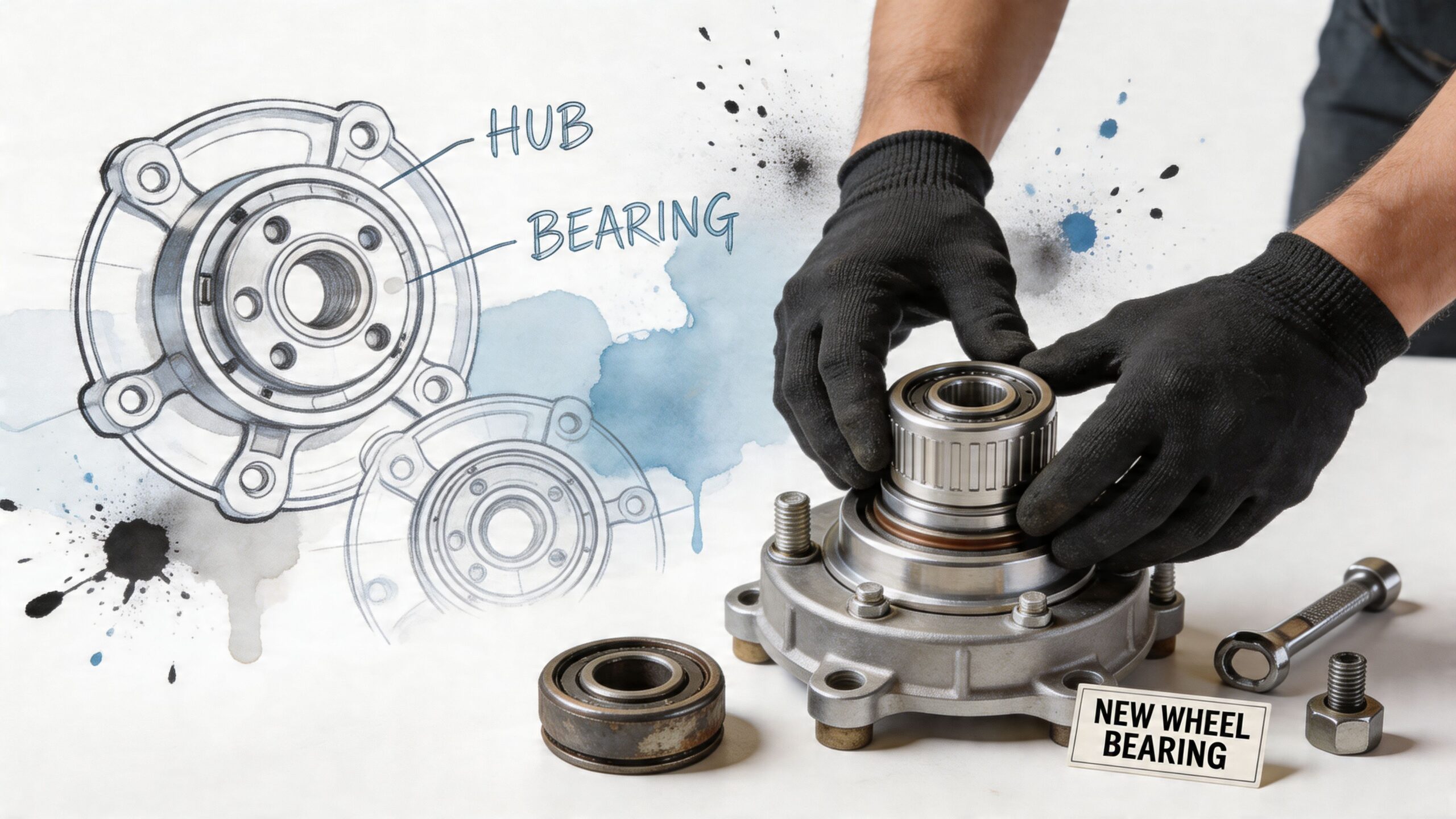 A mechanic in black gloves installs a new wheel bearing into a car hub assembly on a table.