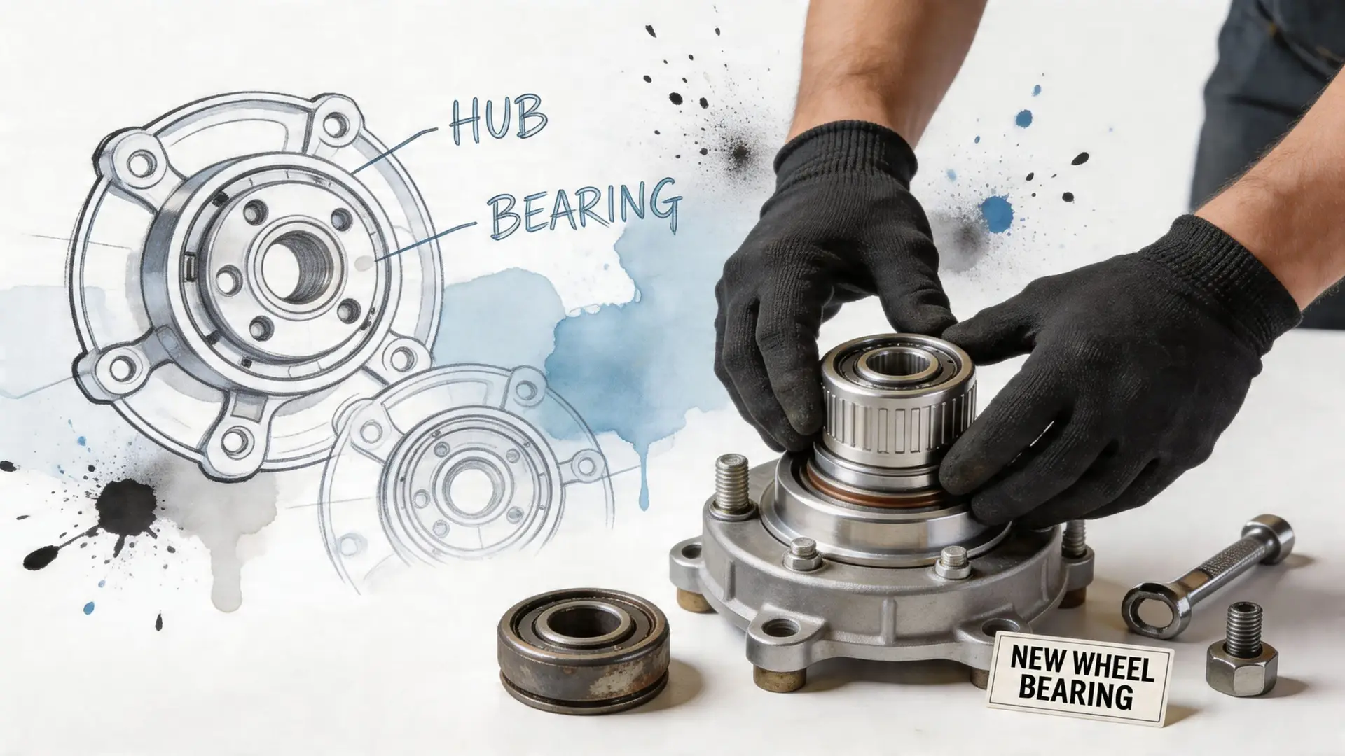 A mechanic in black gloves installs a new wheel bearing into a car hub assembly on a table.