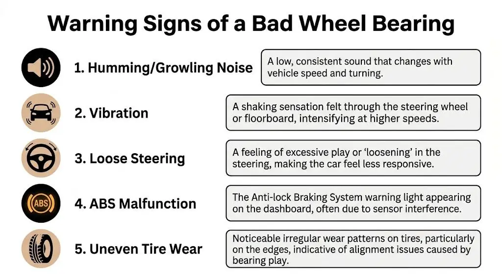 A list of five warning signs indicating a bad wheel bearing, including noise, vibration, and loose steering.