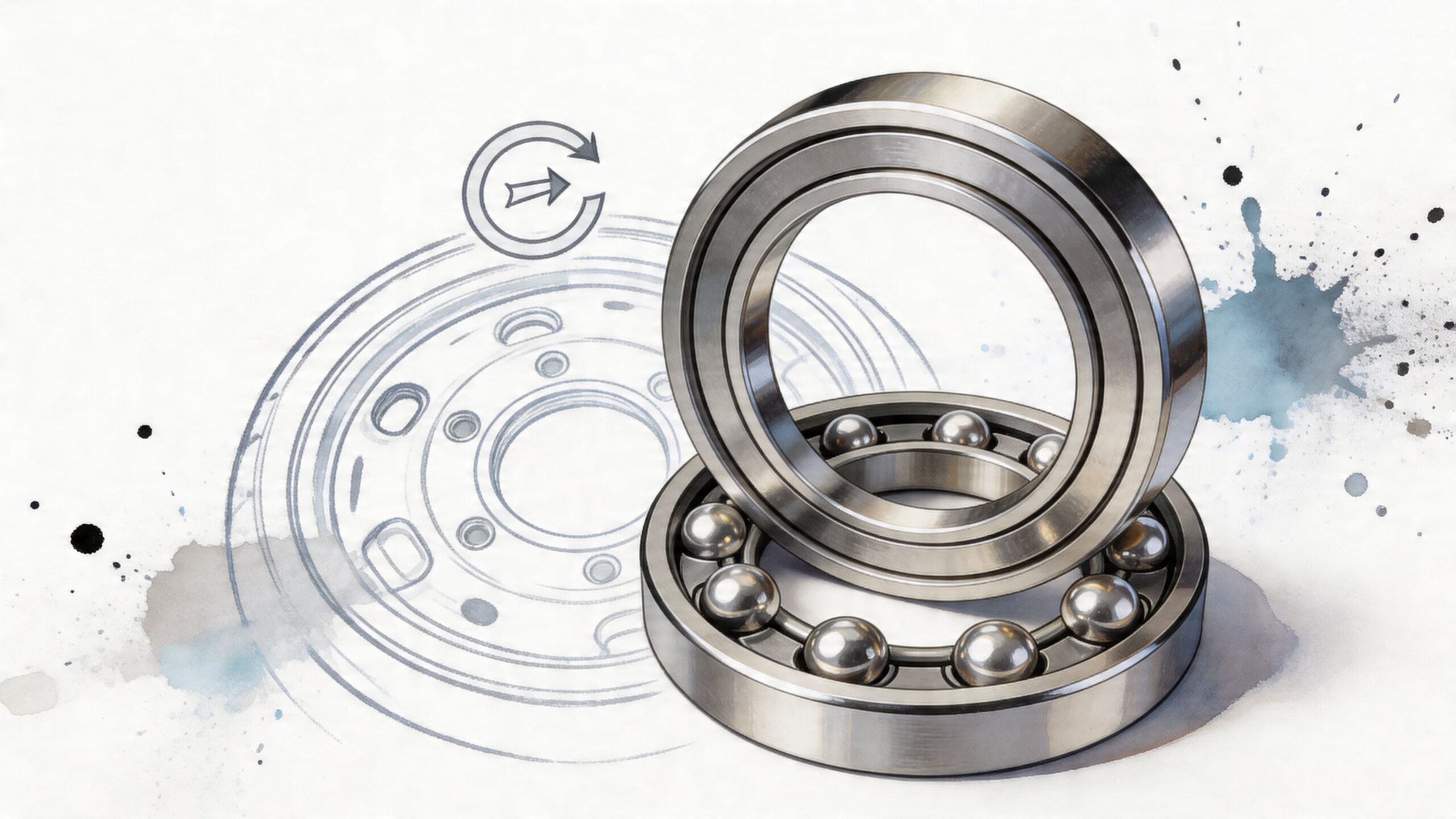 Two metal wheel bearings positioned in front of a technical schematic drawing with rotation arrows.