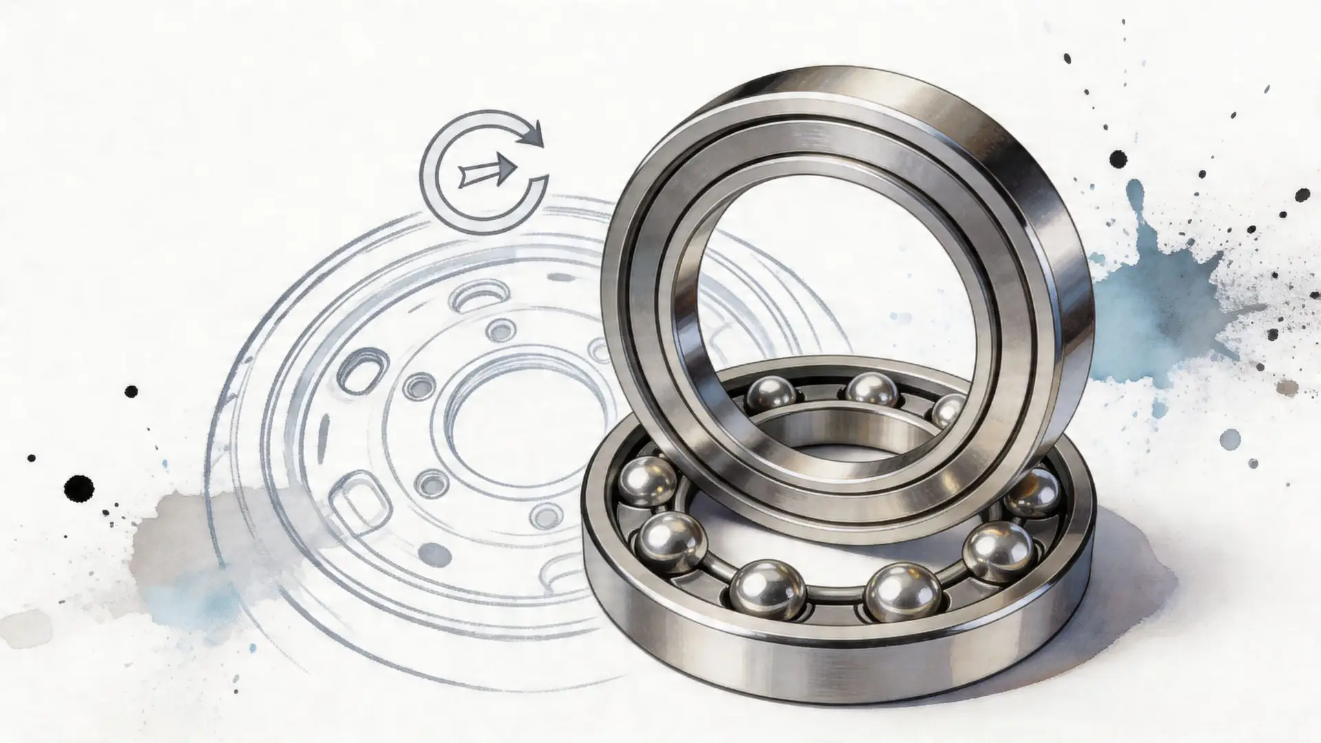 Two metal wheel bearings positioned in front of a technical schematic drawing with rotation arrows.
