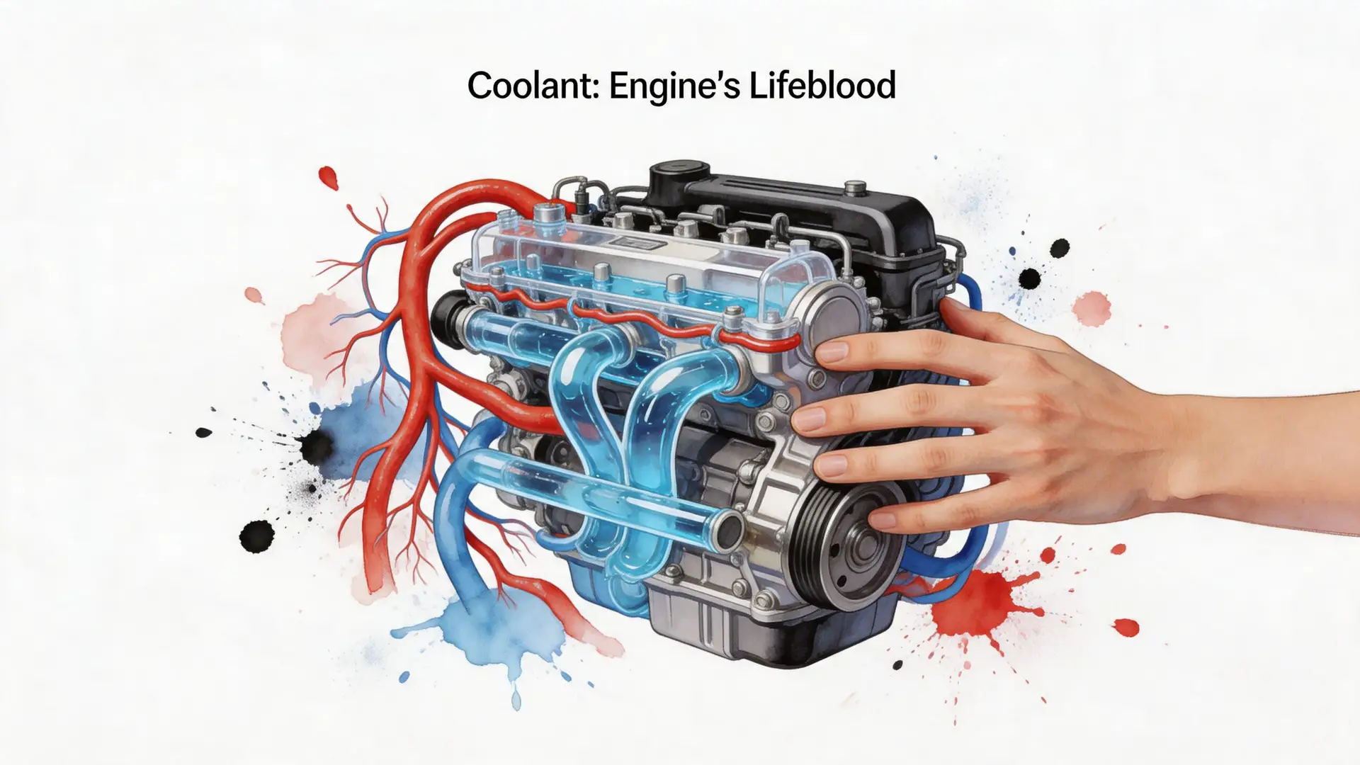 A conceptual illustration of a car engine with flowing coolant represented as lifeblood, touching a hand.