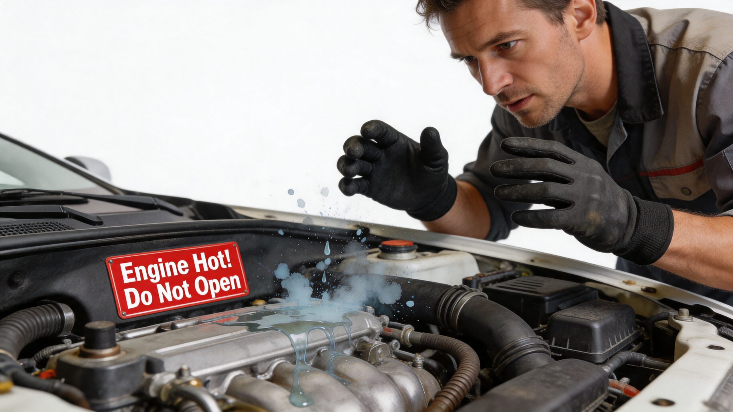 A car mechanic wearing black gloves looking concerned at a steaming, leaking car engine with a warning sign.