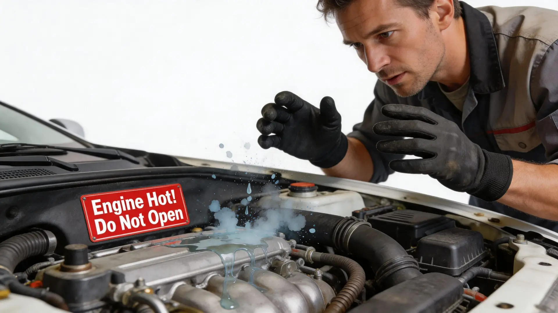 A car mechanic wearing black gloves looking concerned at a steaming, leaking car engine with a warning sign.
