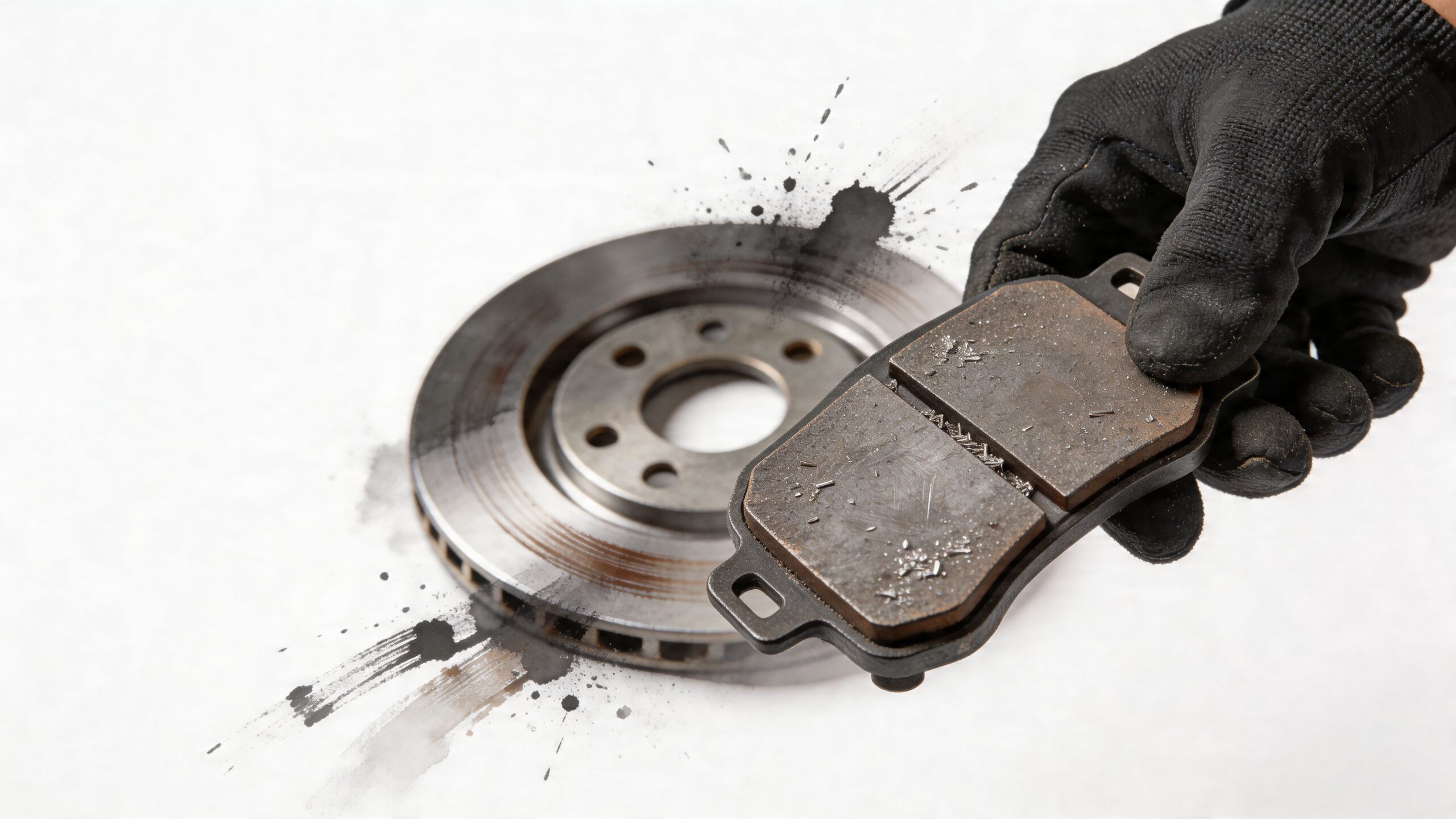 A hand wearing a black glove holding a worn car brake pad over a brake rotor disc.