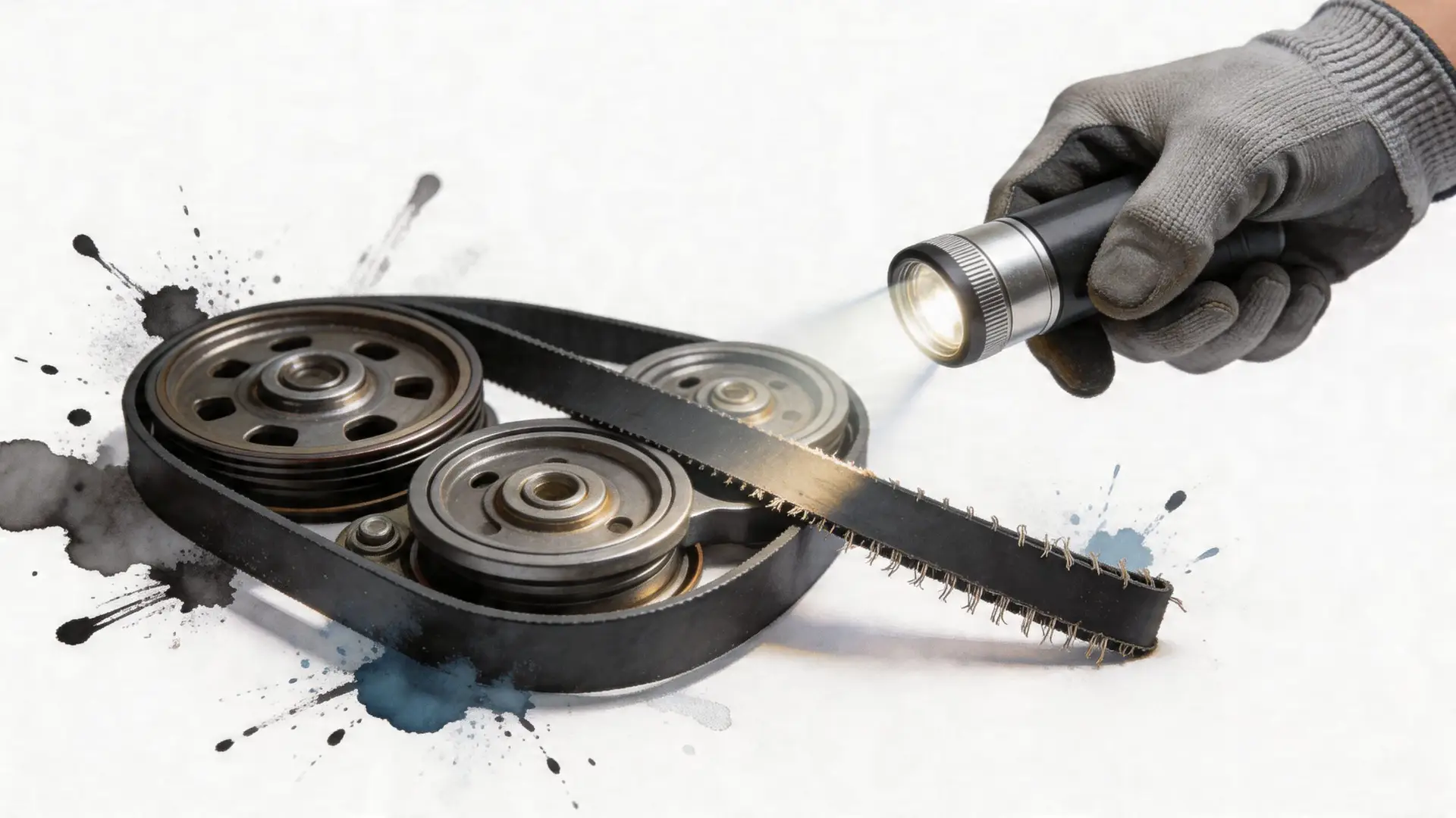 A gloved hand holding a flashlight shining light on worn vehicle engine pulleys and a frayed belt.
