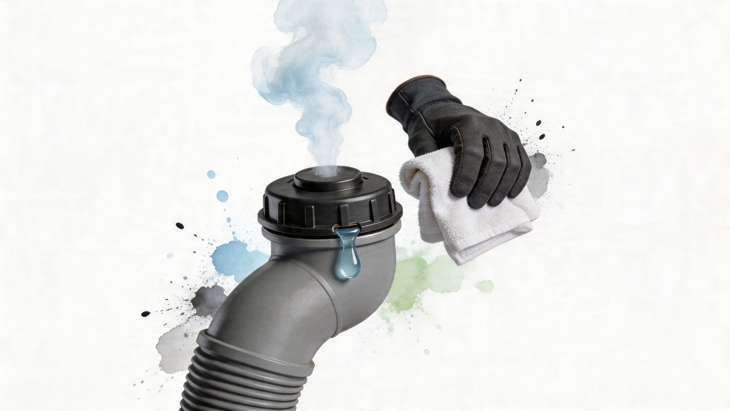 A gloved hand holding a white cloth near a steaming, leaking automotive exhaust or plumbing pipe component.