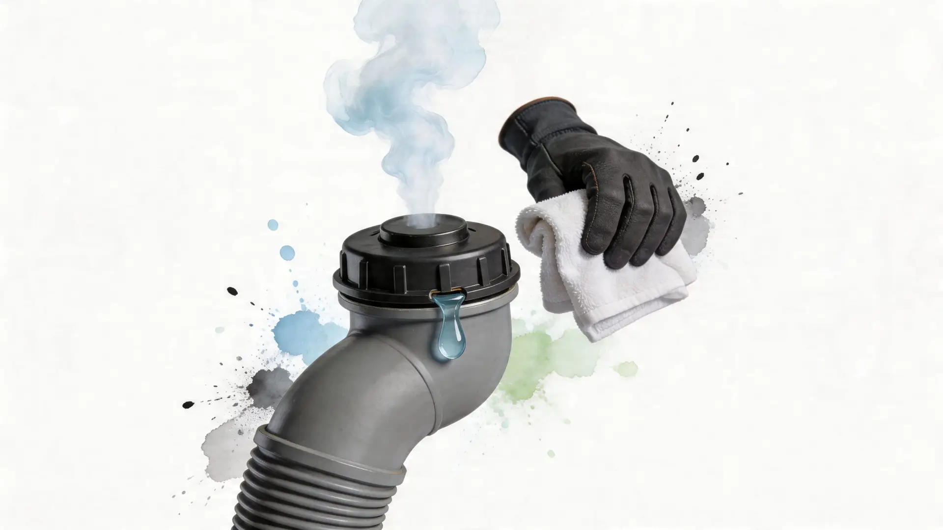 A gloved hand holding a white cloth near a steaming, leaking automotive exhaust or plumbing pipe component.