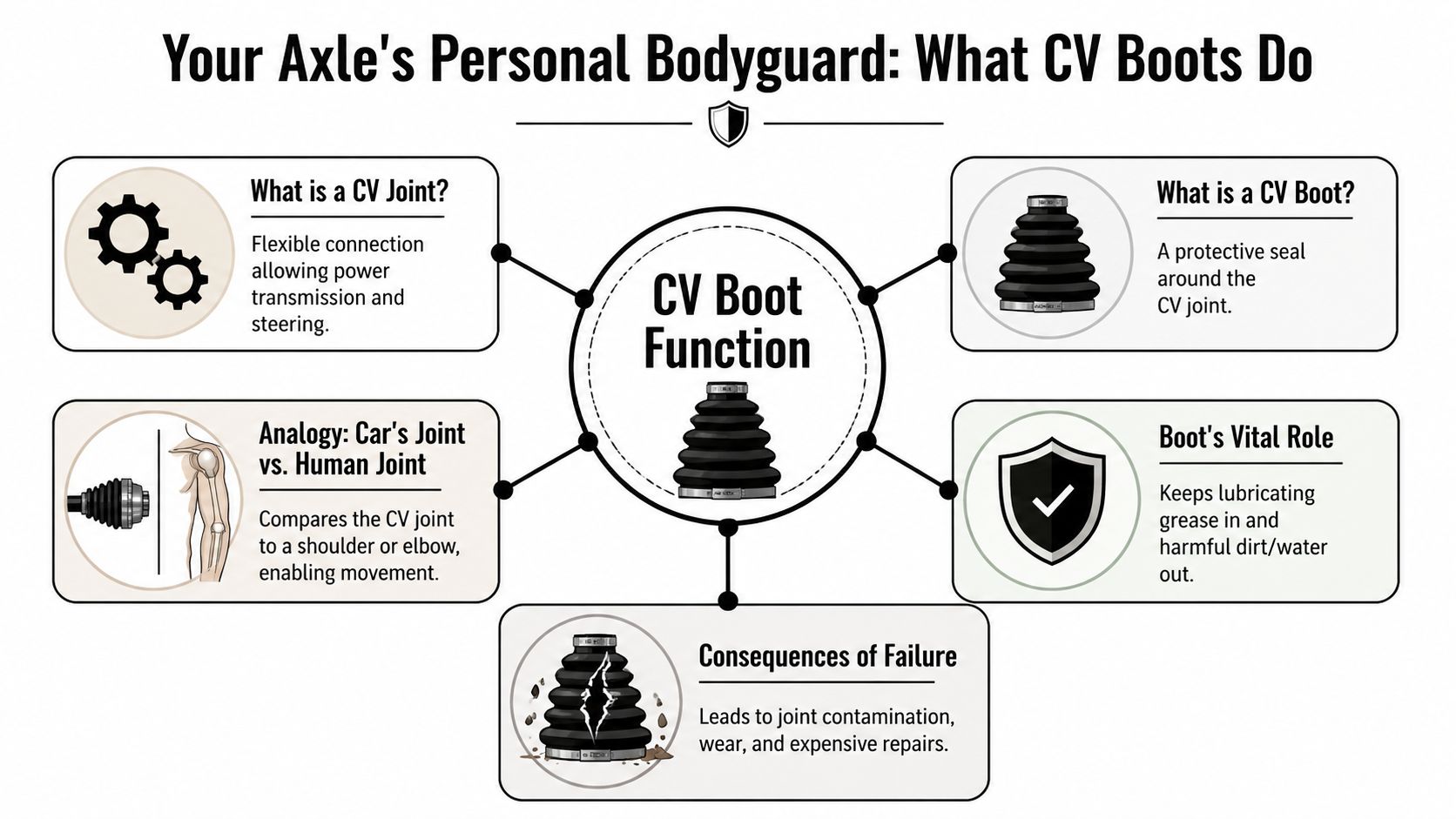 An infographic explaining the function and importance of CV boots in protecting car axle joints.