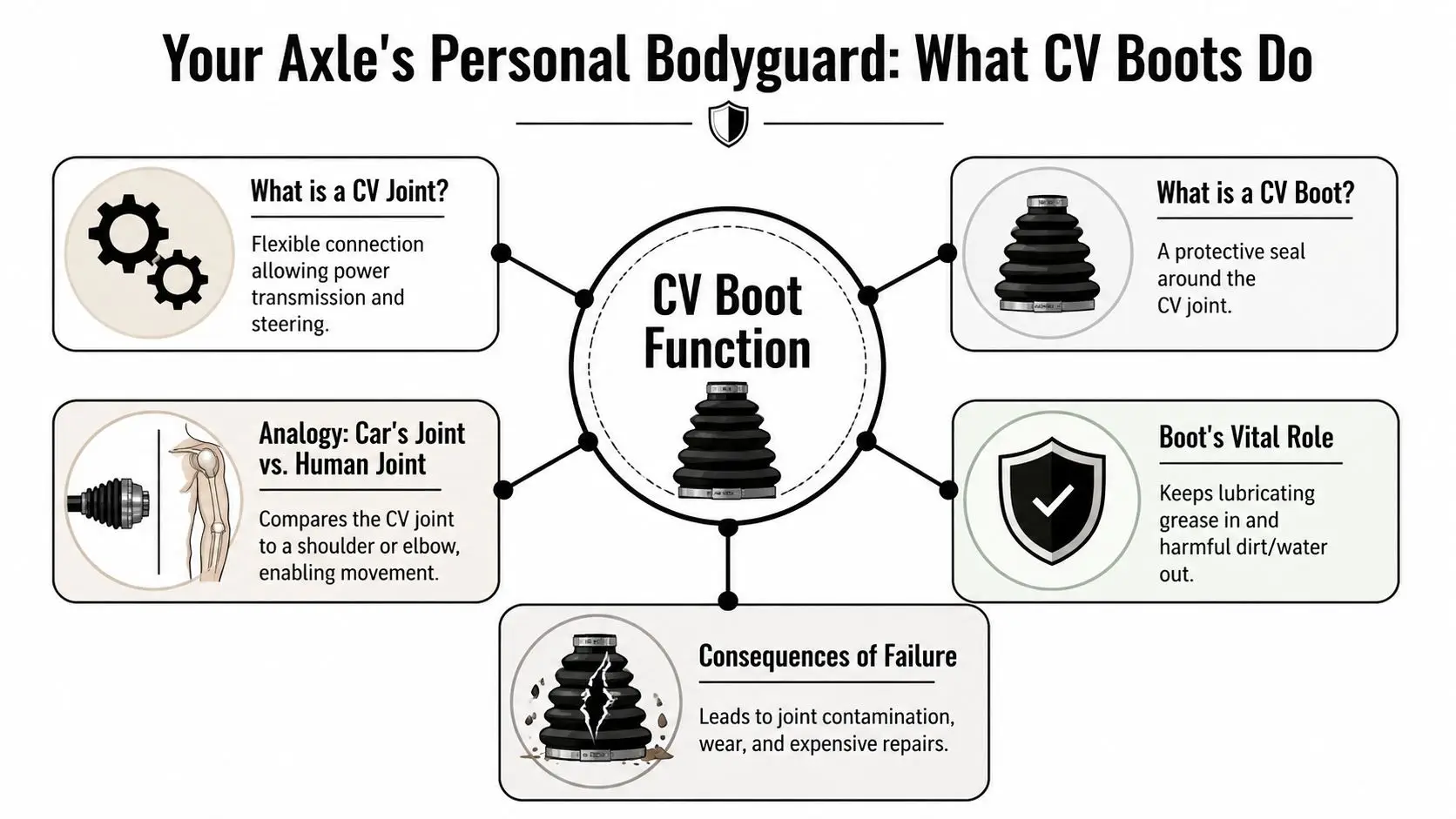 An infographic explaining the function and importance of CV boots in protecting car axle joints.