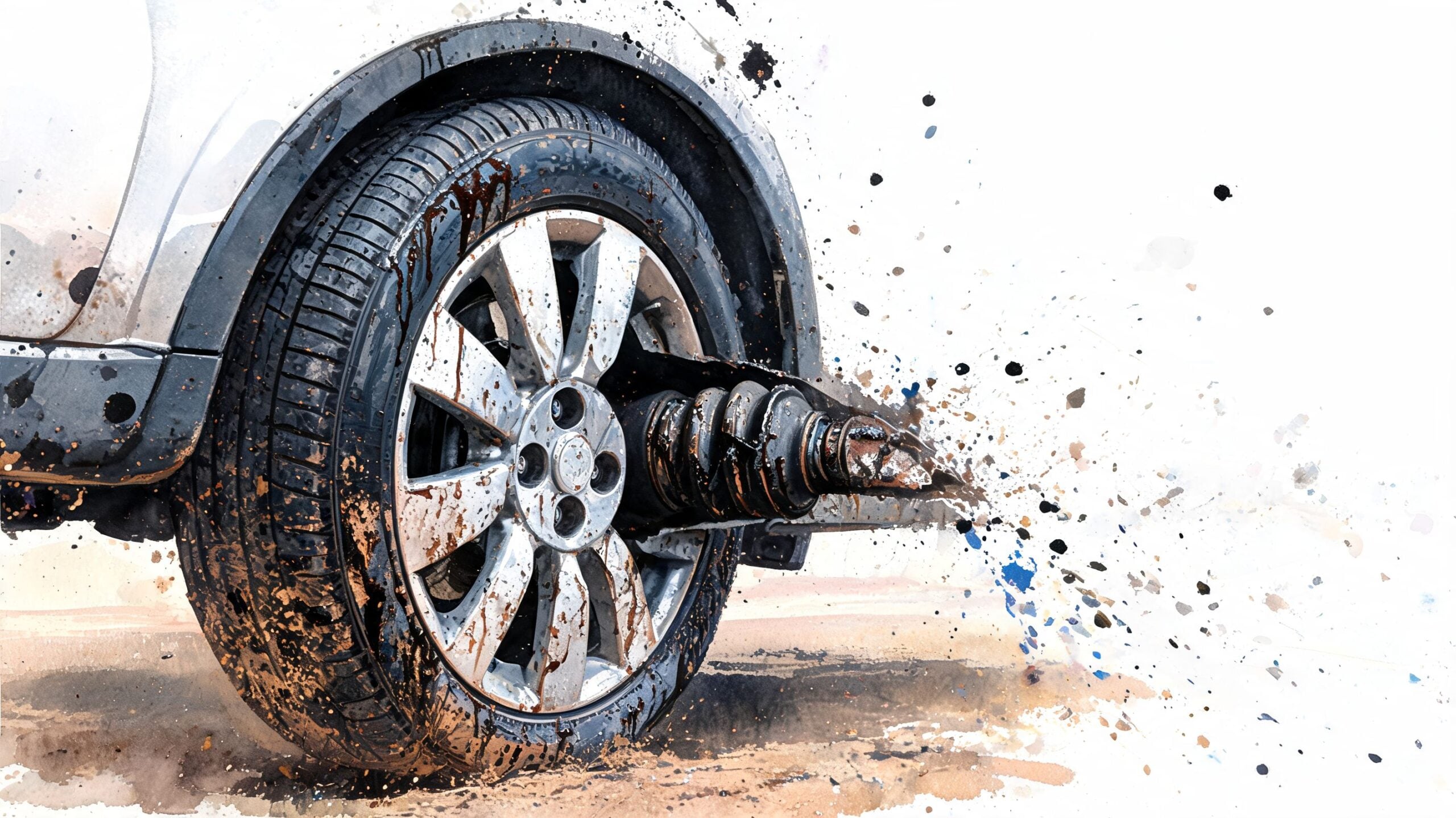 A close-up artistic view of a muddy car wheel and a damaged CV joint boot assembly.