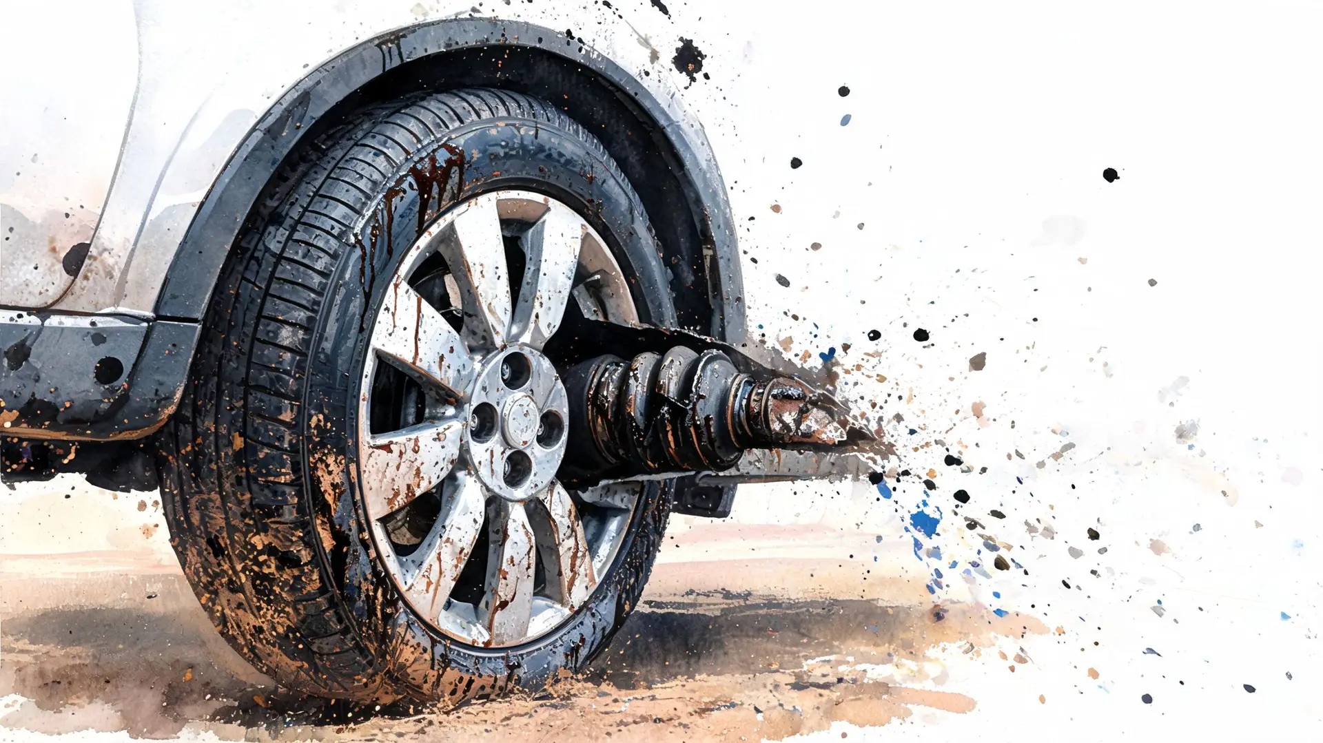 A close-up artistic view of a muddy car wheel and a damaged CV joint boot assembly.
