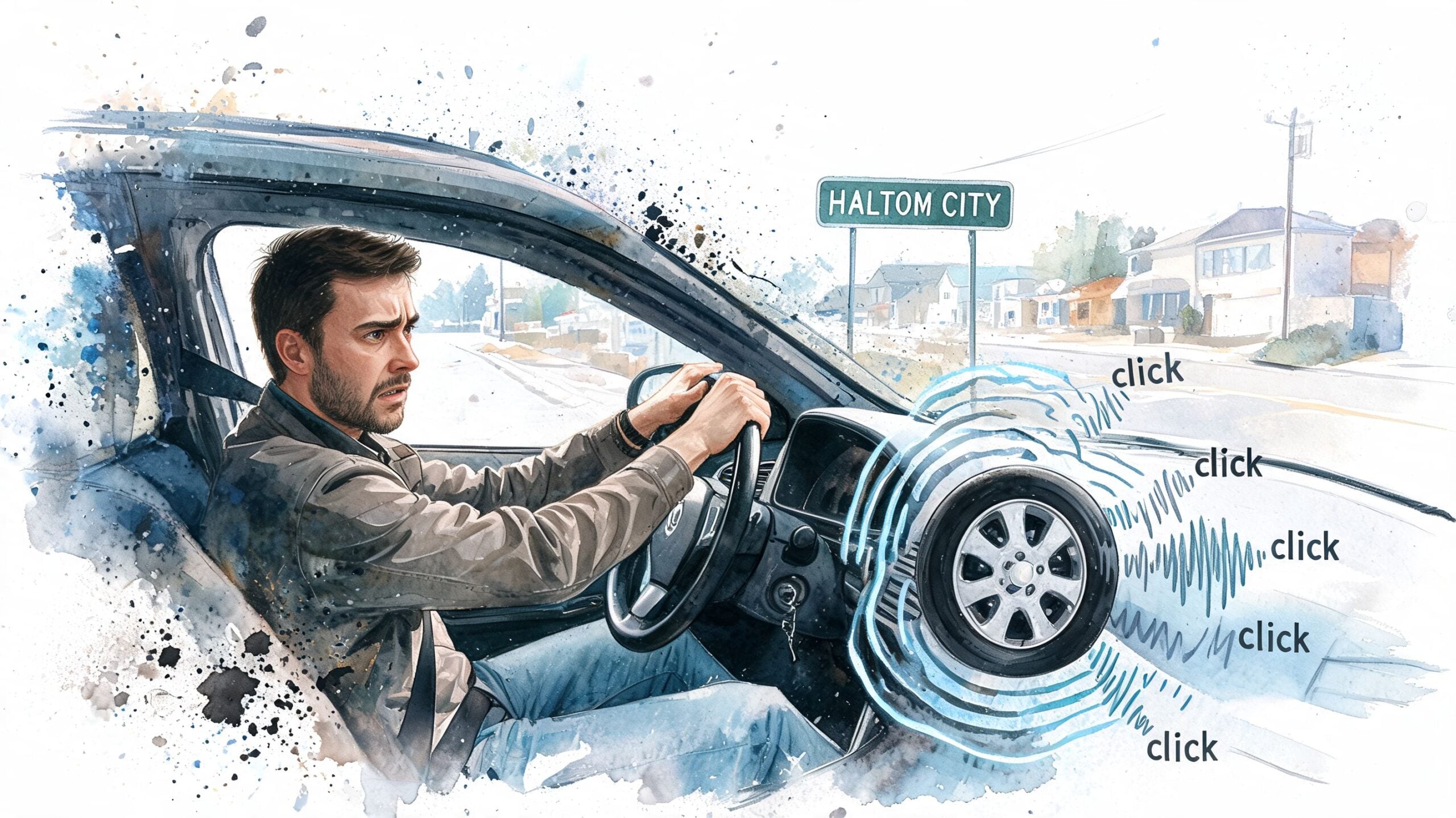 A concerned driver inside a vehicle hearing clicking noises originating from the car's front tire area.