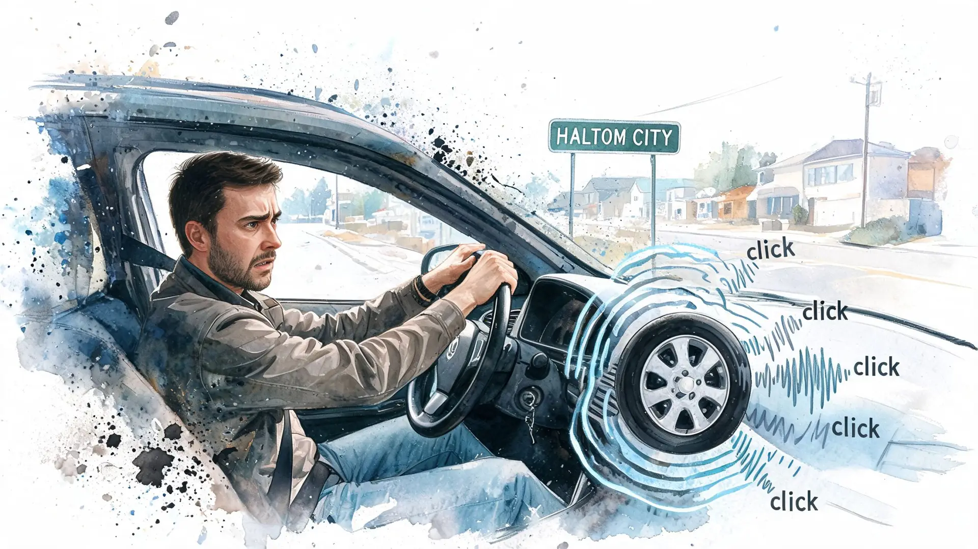 A concerned driver inside a vehicle hearing clicking noises originating from the car's front tire area.
