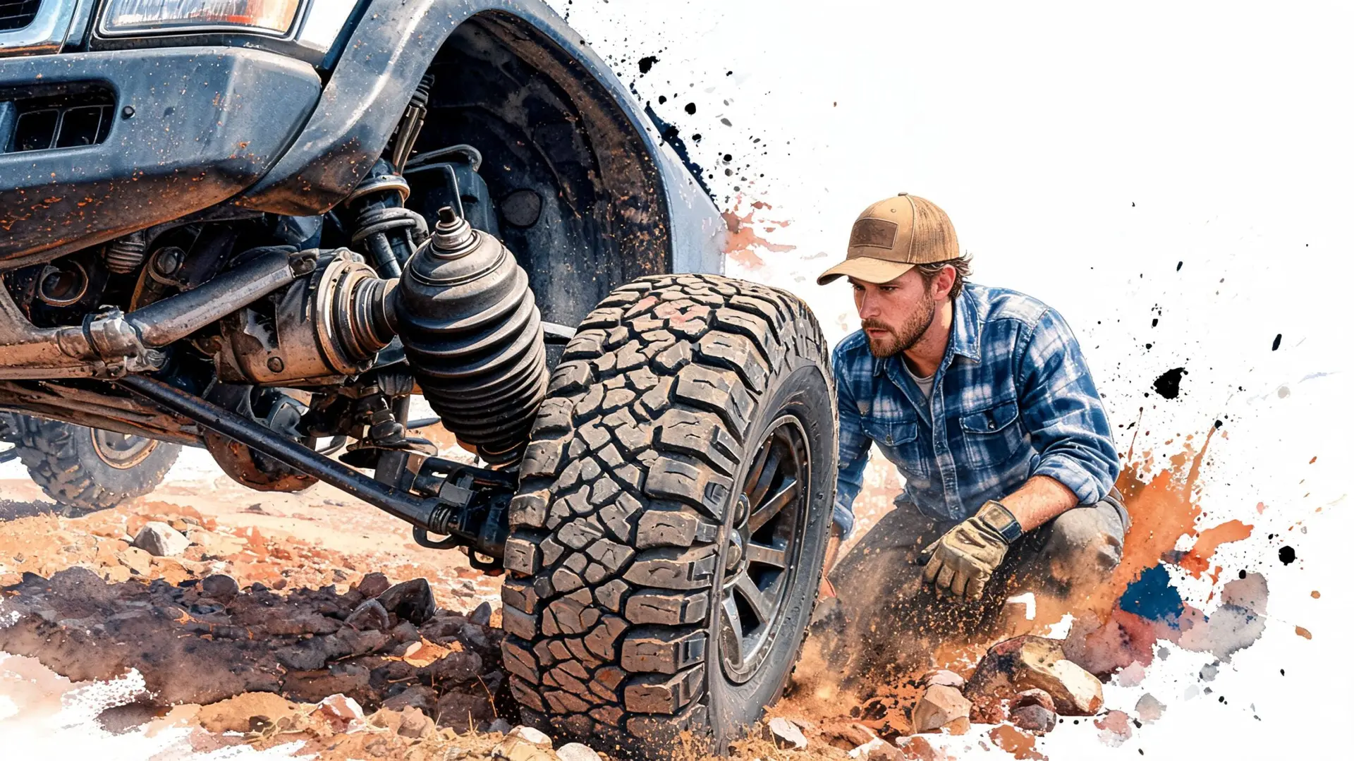A mechanic inspecting the CV joint boot of an off-road vehicle parked on a rocky trail.