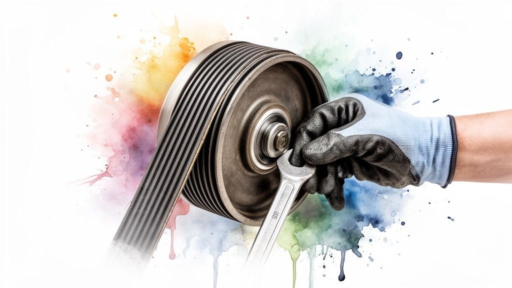 A gloved hand uses a wrench to adjust a car's serpentine belt and pulley system, set against colorful watercolor splashes.