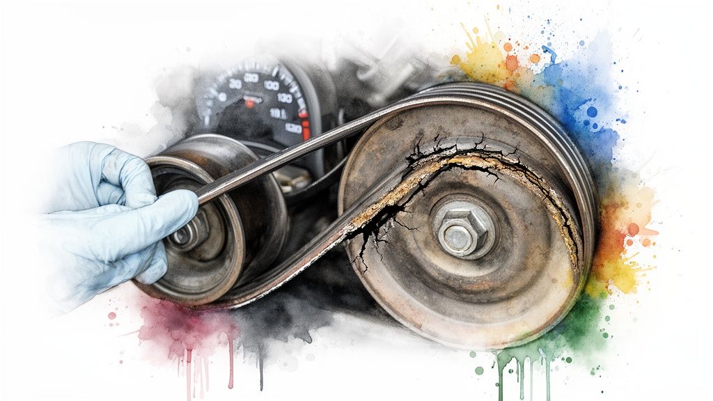 A gloved hand inspects a severely cracked and damaged engine belt, indicating the need for replacement.