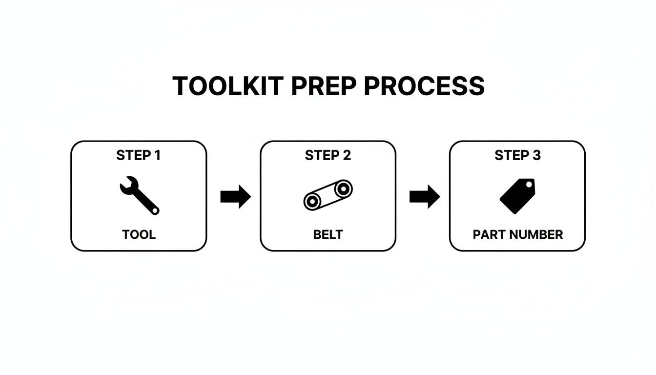 A toolkit preparation process flowchart showing three steps: tool, belt, and part number.