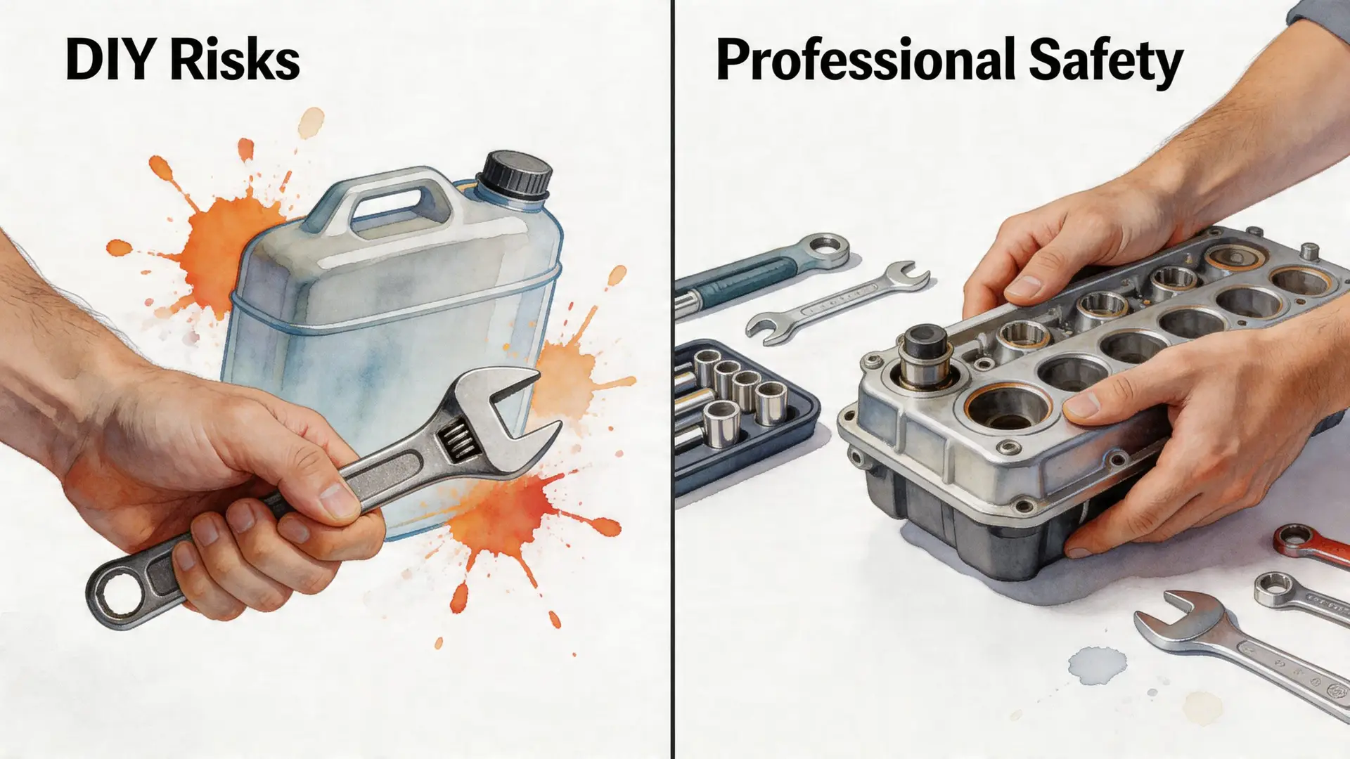 A split image comparing dangerous DIY auto repair with orange liquid splashes to professional mechanical services.