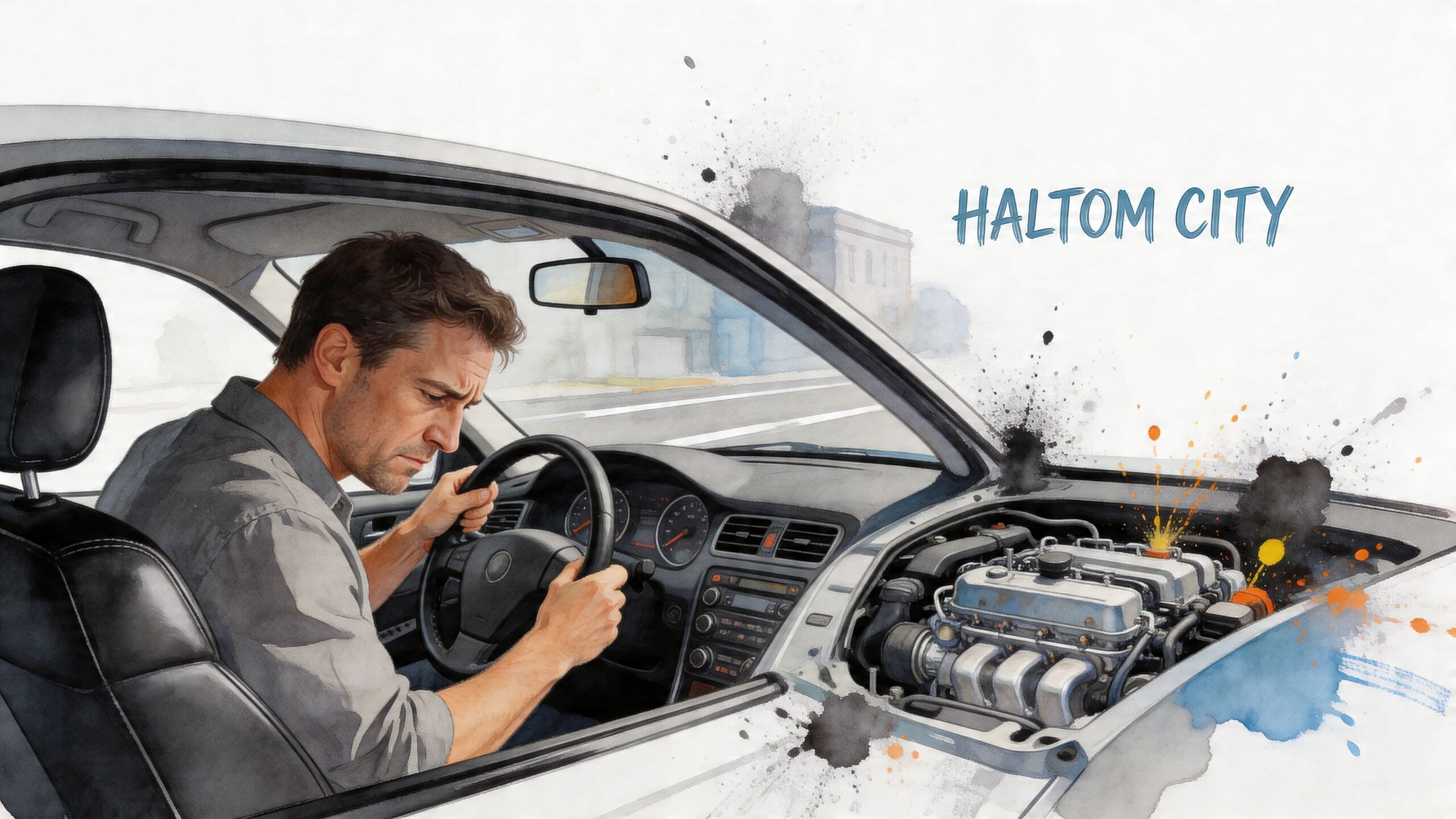A frustrated driver sits in a car with the hood open, revealing a broken engine overheating.