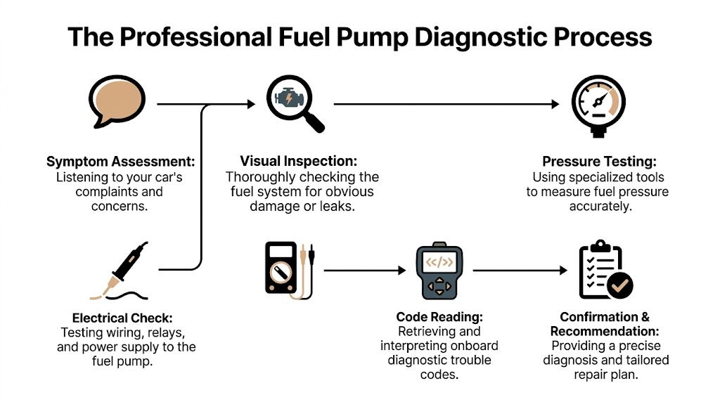 A flowchart infographic detailing the professional steps taken to diagnose a vehicle's faulty fuel pump system.