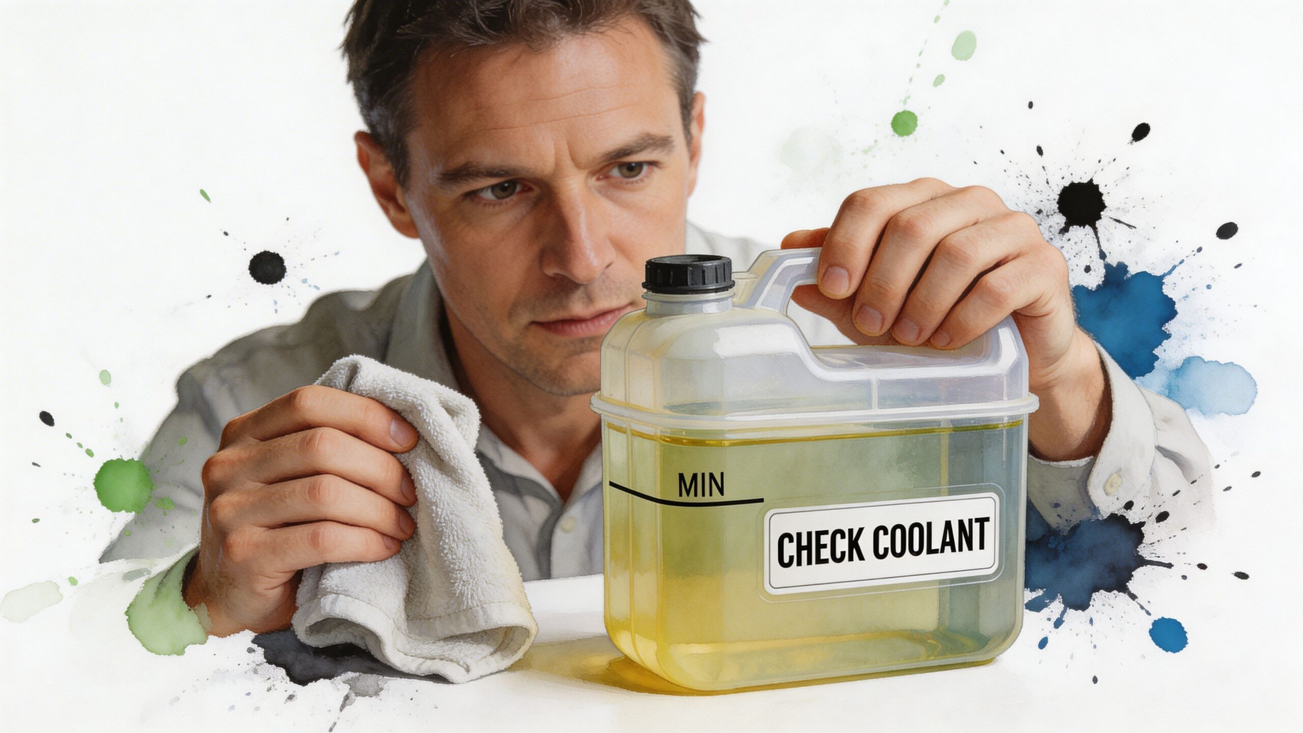 A man carefully inspecting a clear plastic jug filled with yellowish green prestone antifreeze coolant liquid.