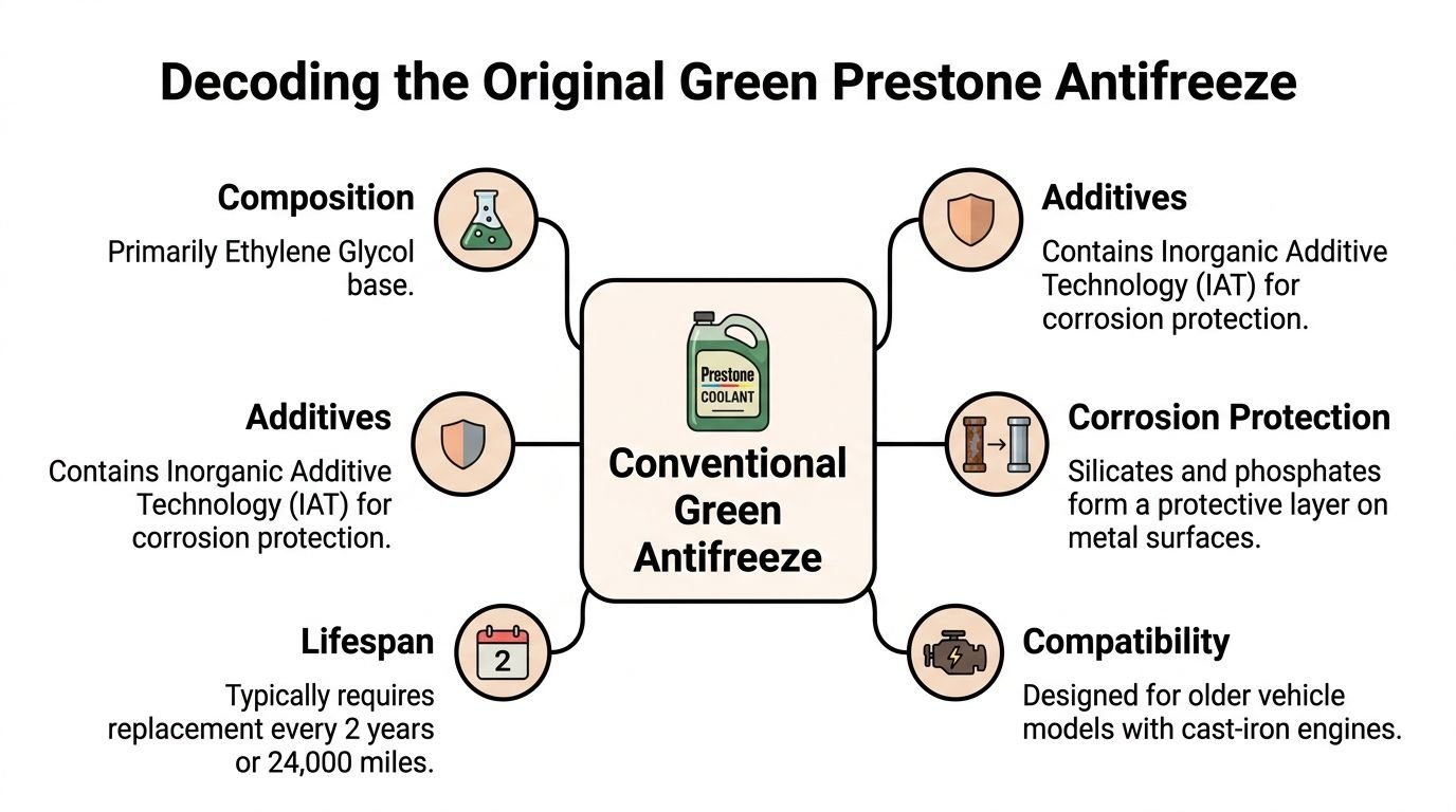 An infographic detailing the features, composition, additives, and maintenance requirements of conventional green Prestone antifreeze coolant.