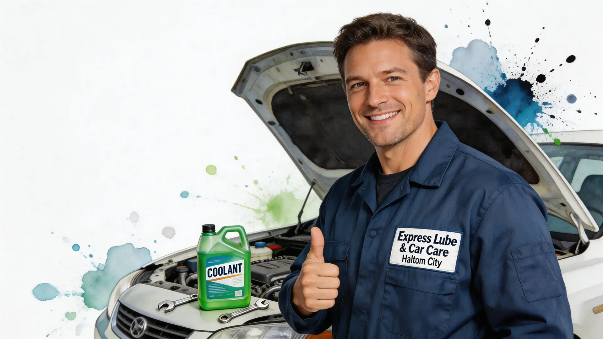 A friendly mechanic in a blue uniform gives a thumbs up beside a car with green coolant.