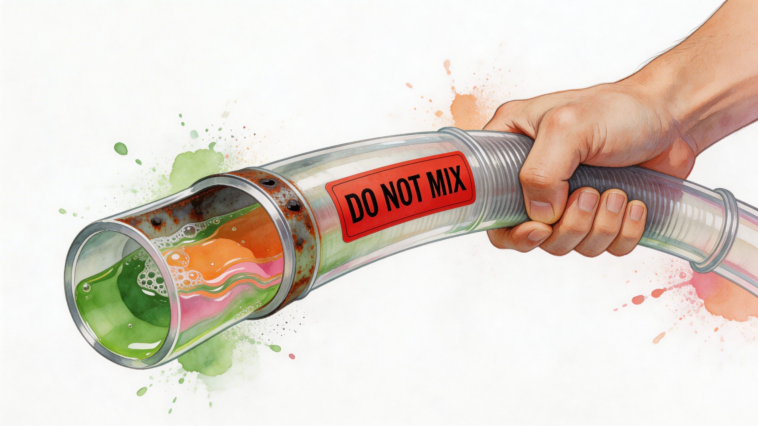 A hand holds a clear tube containing mixed colored liquids with a warning label reading DO NOT MIX.