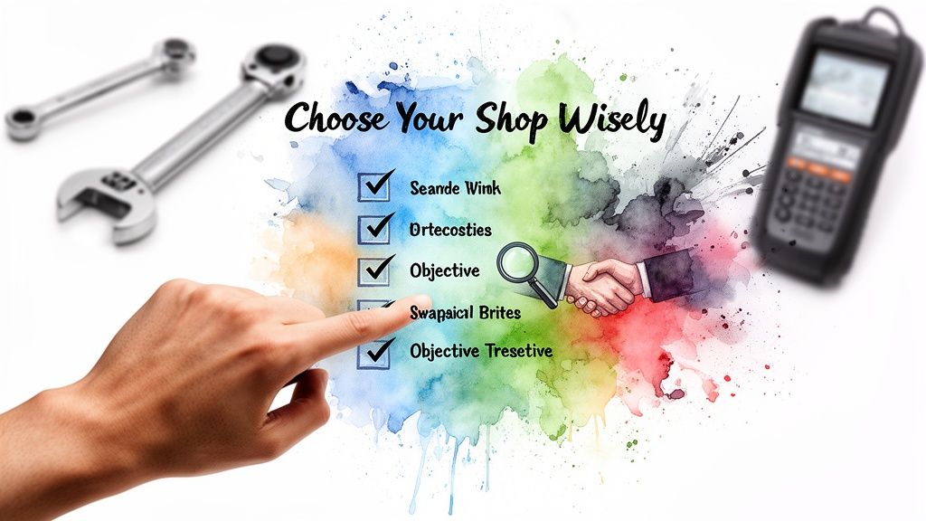 A hand selecting from a checklist titled Choose Your Shop Wisely with tools and diagnostic equipment.