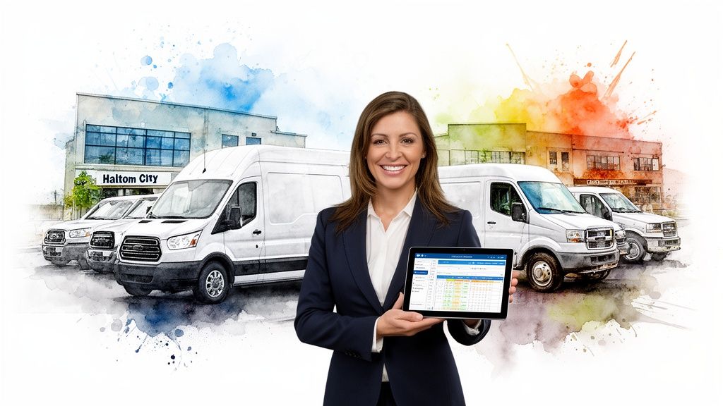 A professional woman holding a tablet showing digital data with white delivery vans and a service building.
