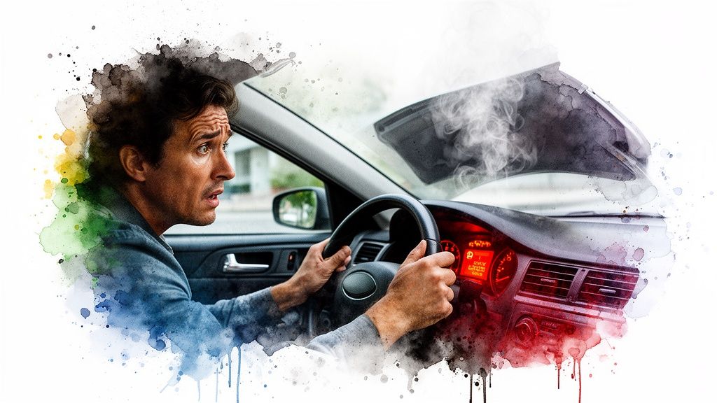 A concerned driver looking shocked while sitting inside a car with smoke rising from under the hood